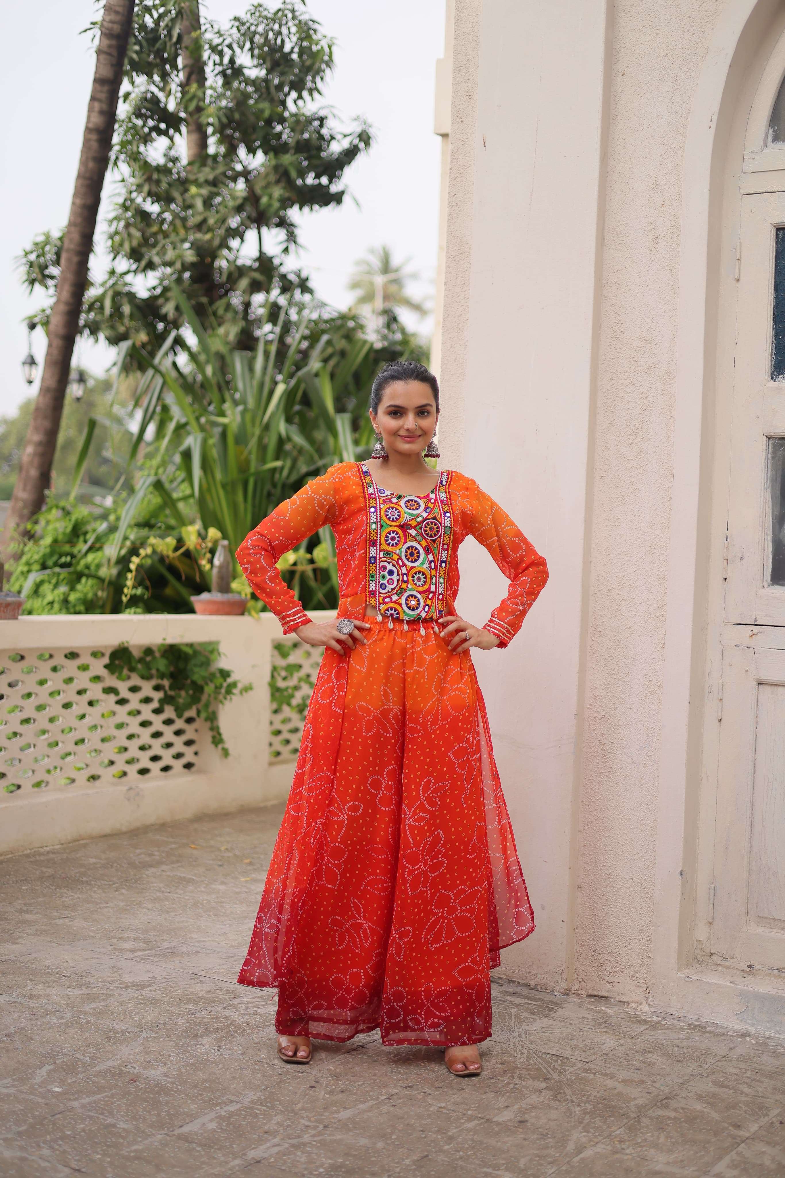 NAVRATRI WEAR ORANGE PLAZZO TOP COLLECTION IN GEORGETTE FABRIC KU 1198 A