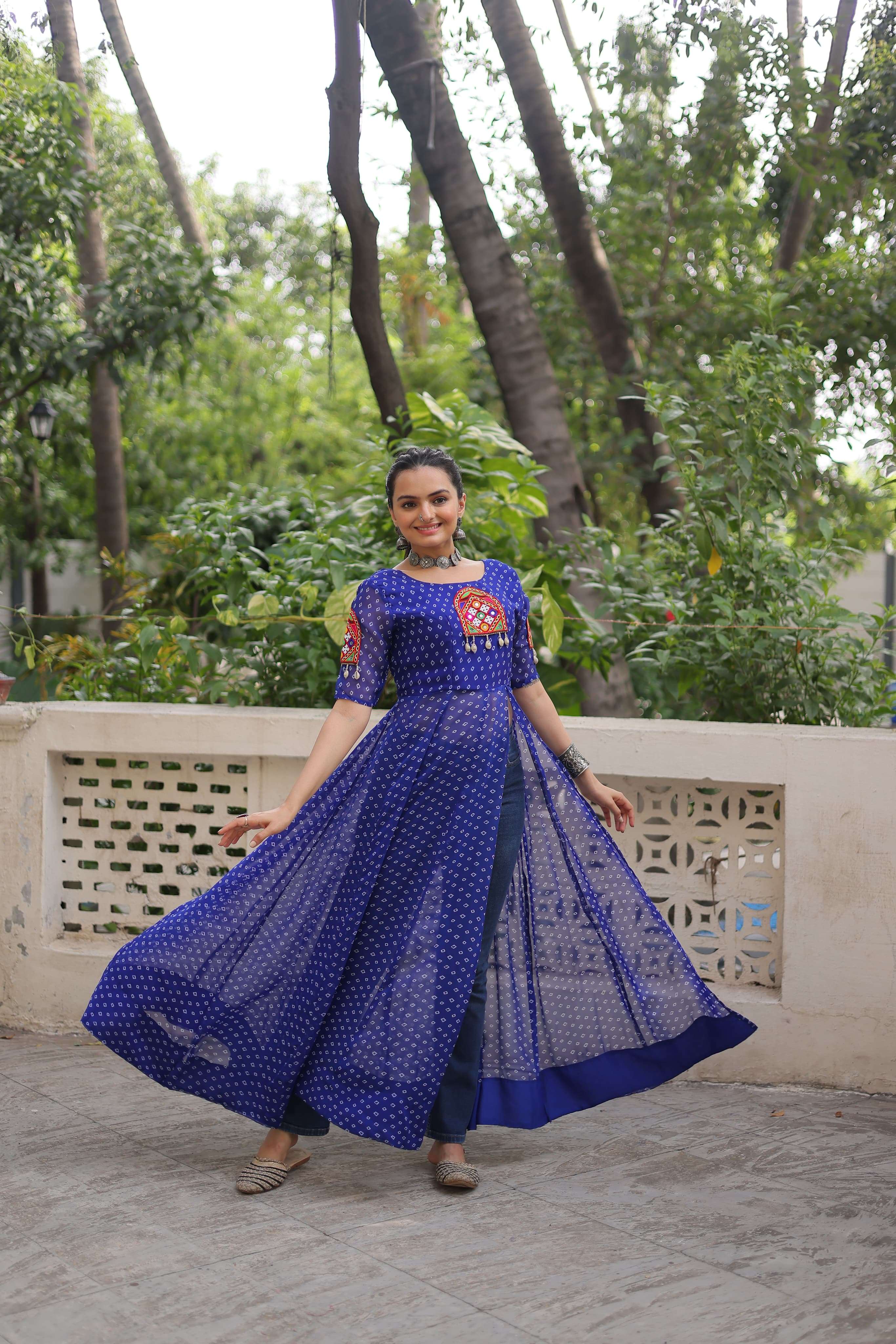 NAVRATRI WEAR READYMADE BLUE KURTI IN BANDHANI PRINT GEORGETTE FABRIC KU 1193 A