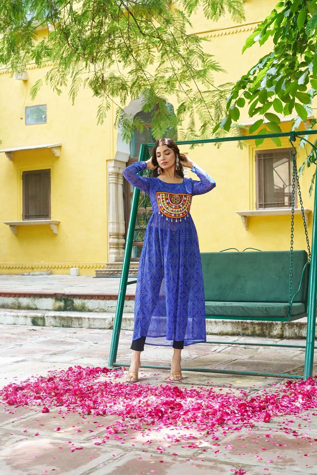 NAVRATRI WEAR READYMADE BLUE KURTI IN BANDHANI PRINT GEORGETTE FABRIC LW 9266 D