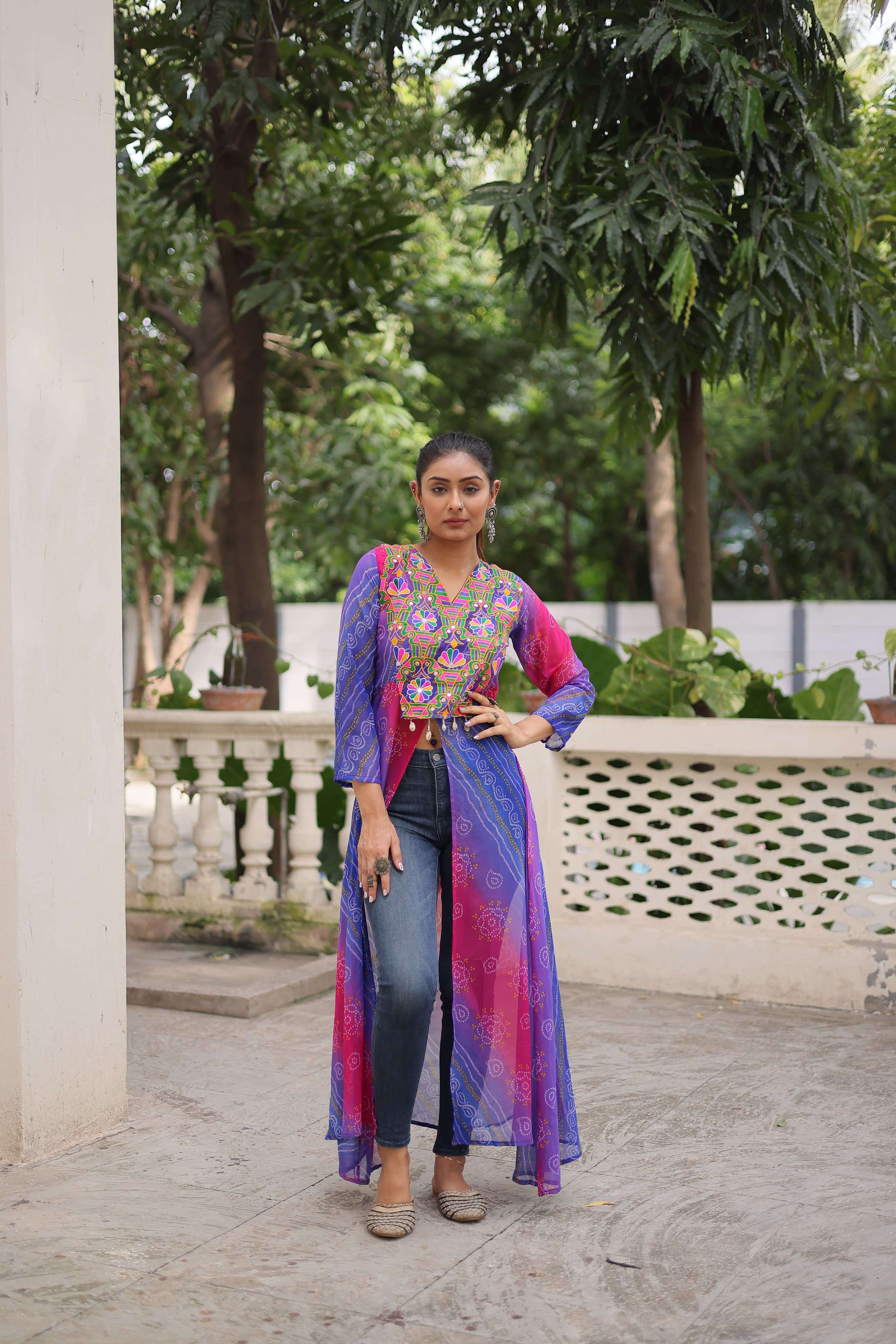 NAVRATRI WEAR READYMADE BLUE KURTI IN BANDHANI PRINT GEORGETTE FABRIC KU 1197 A