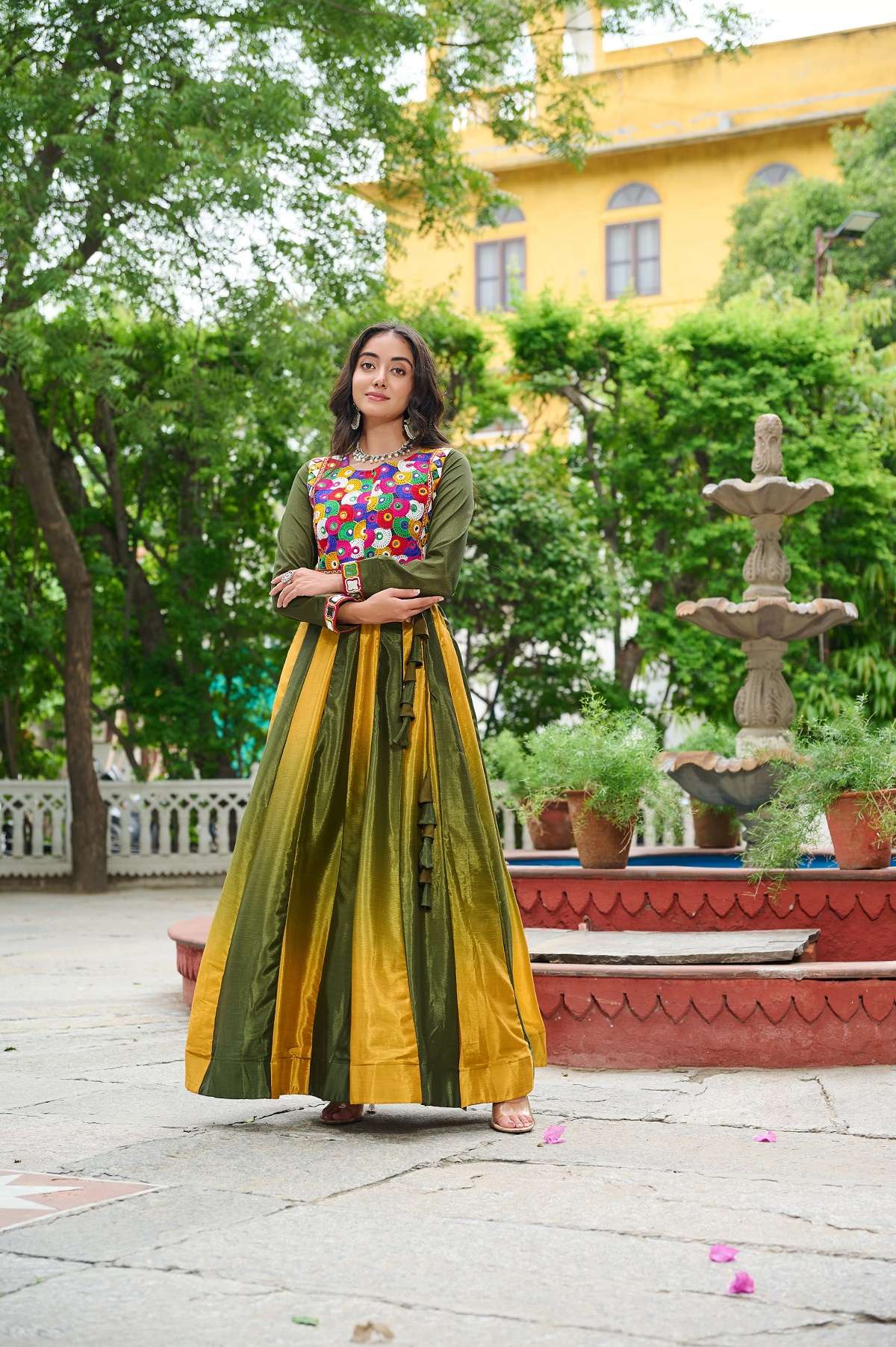 NAVRATRI WEAR READYMADE GREEN LEHENGA BLOUSE IN CHINON FABRIC KU 5045 A