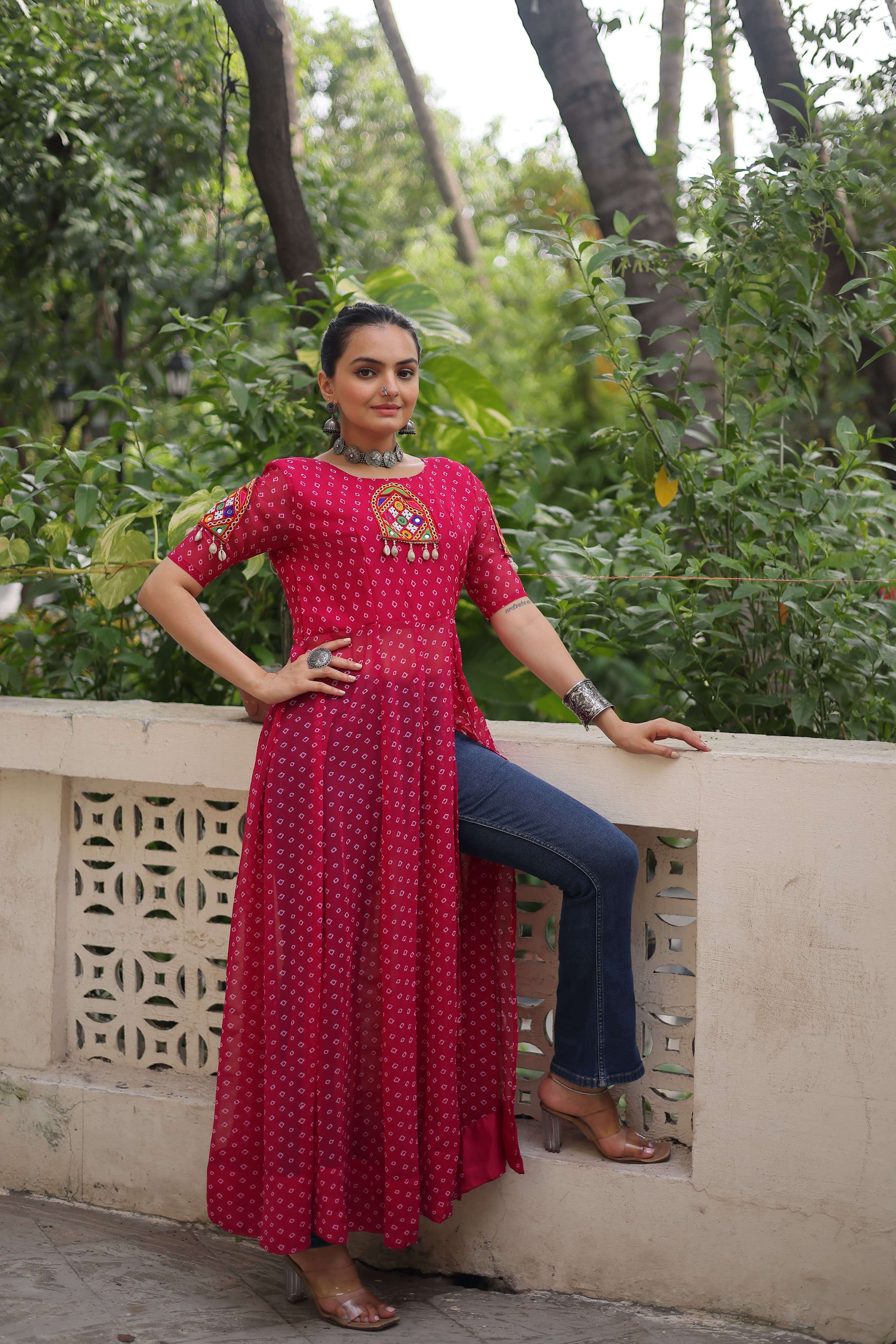 NAVRATRI WEAR READYMADE PINK KURTI IN BANDHANI PRINT GEORGETTE FABRIC KU 1193 C