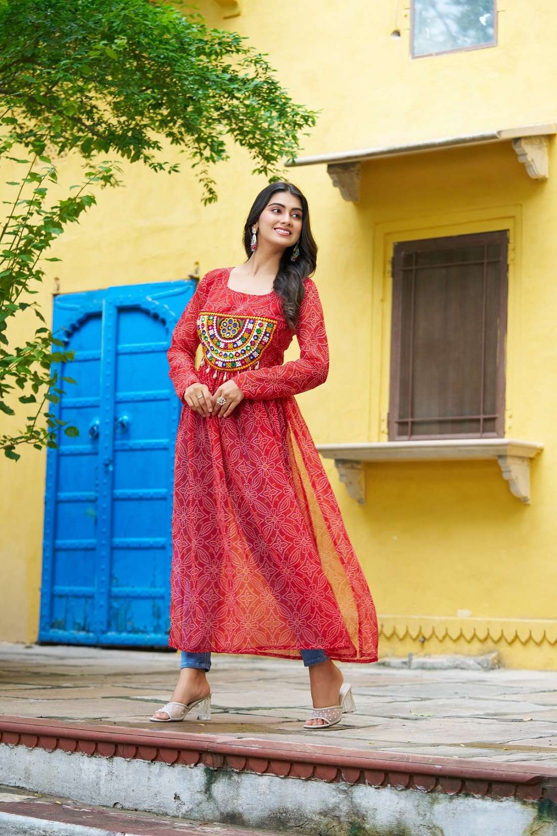 NAVRATRI WEAR READYMADE RED KURTI IN BANDHANI PRINT GEORGETTE FABRIC LW 9266 C