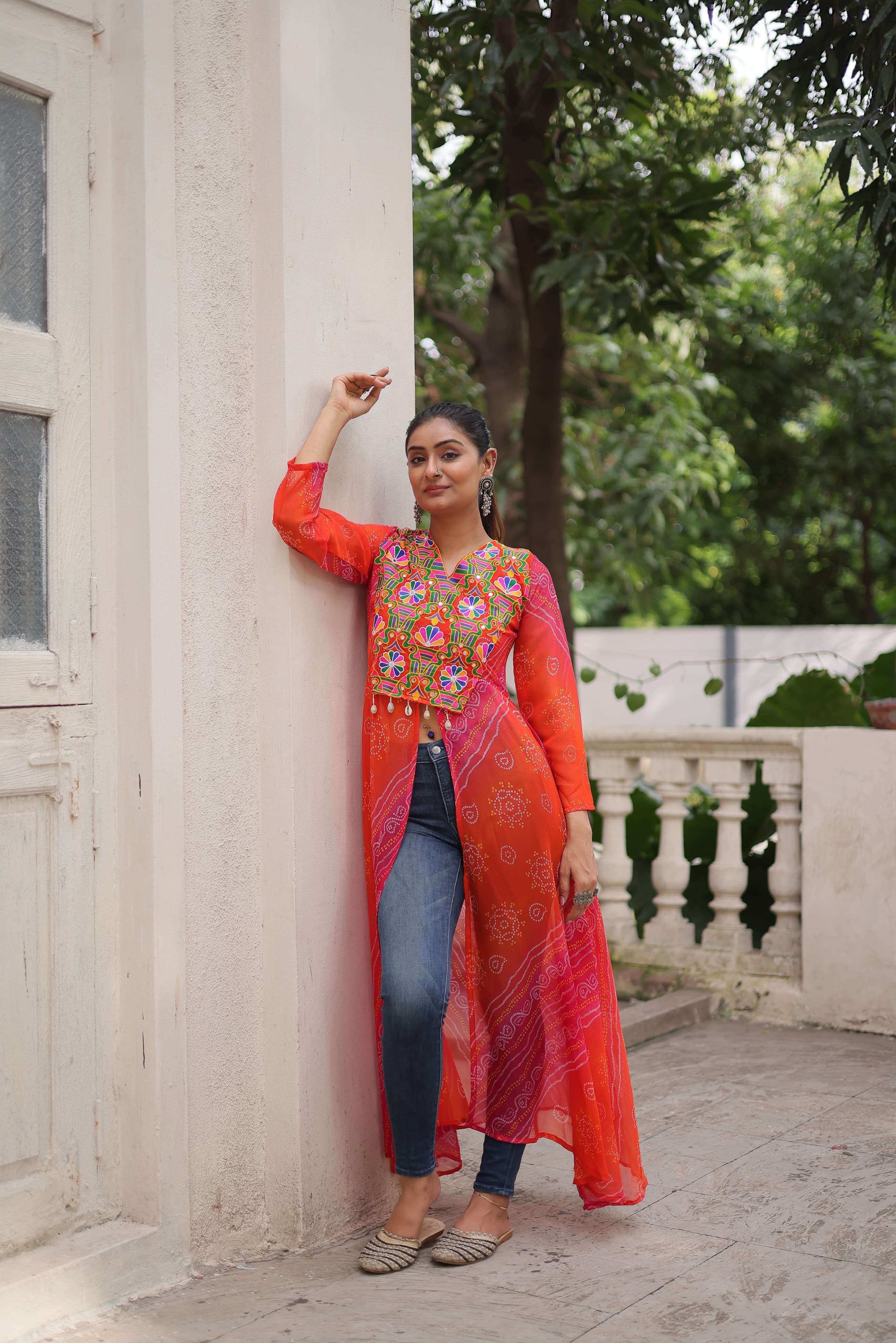 NAVRATRI WEAR READYMADE RED KURTI IN BANDHANI PRINT GEORGETTE FABRIC KU 1197 C