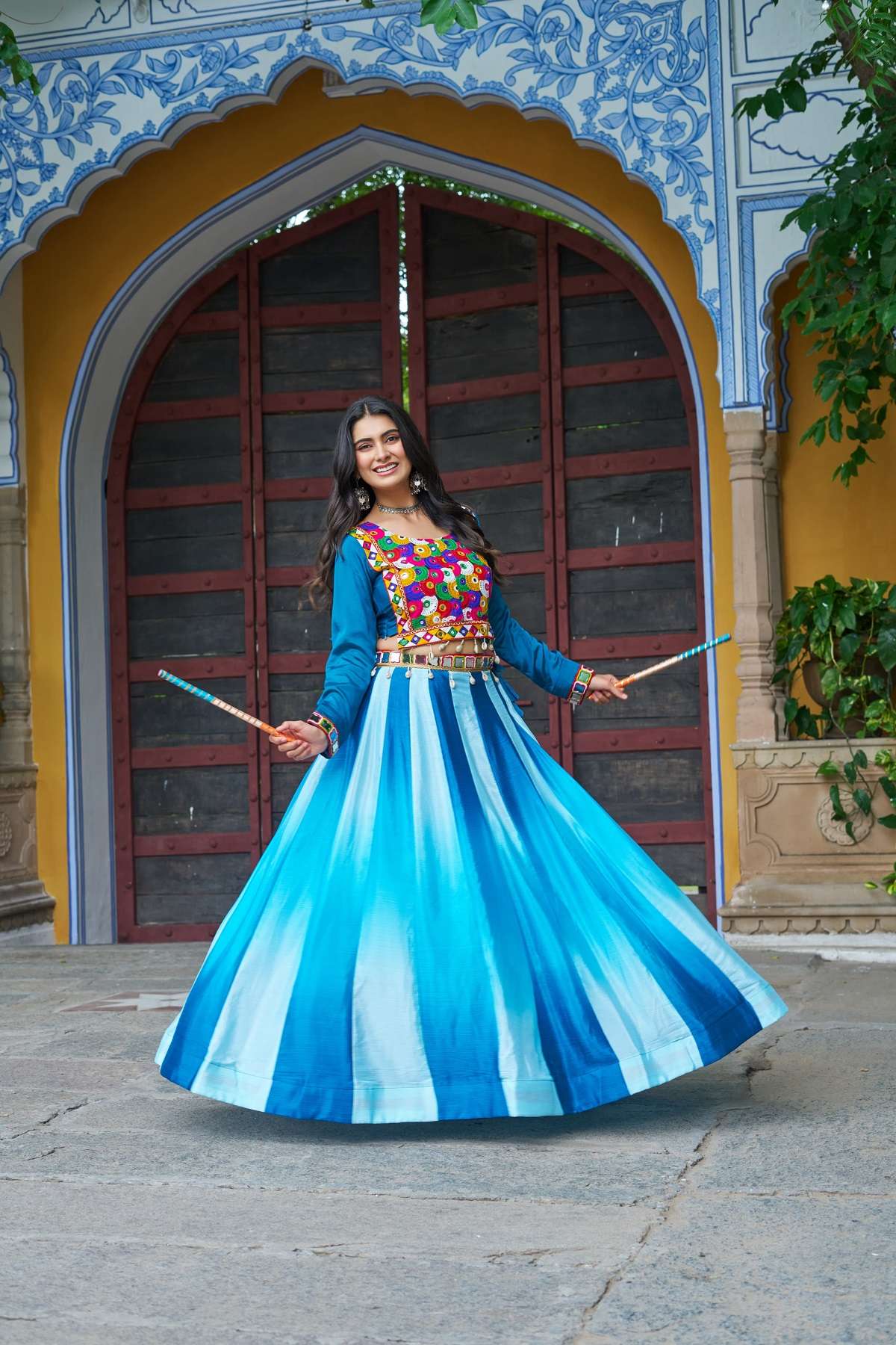 NAVRATRI WEAR READYMADE SKY BLUE LEHENGA BLOUSE IN CHINON FABRIC KU 5045 B