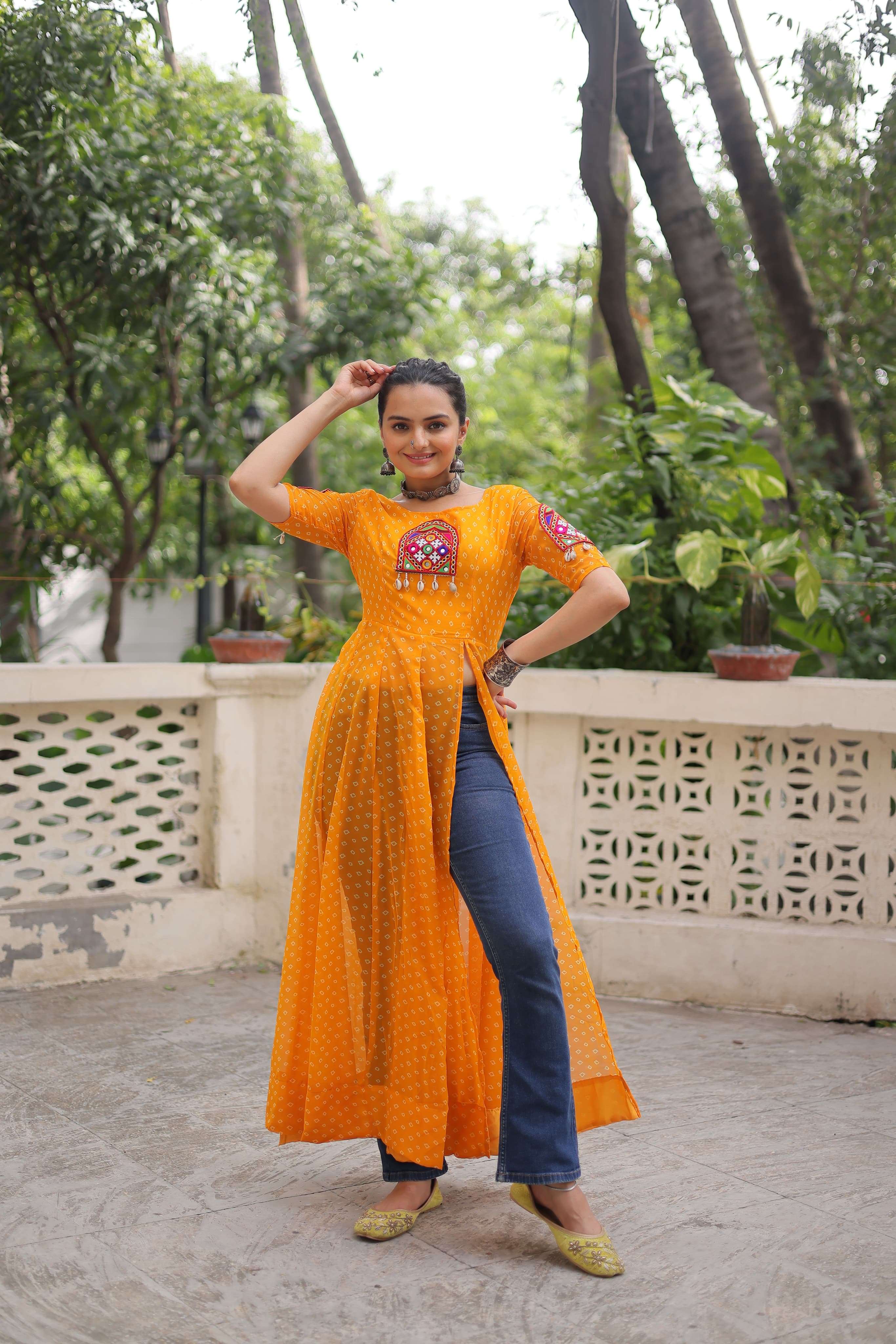 NAVRATRI WEAR READYMADE YELLOW KURTI IN BANDHANI PRINT GEORGETTE FABRIC KU 1193 B