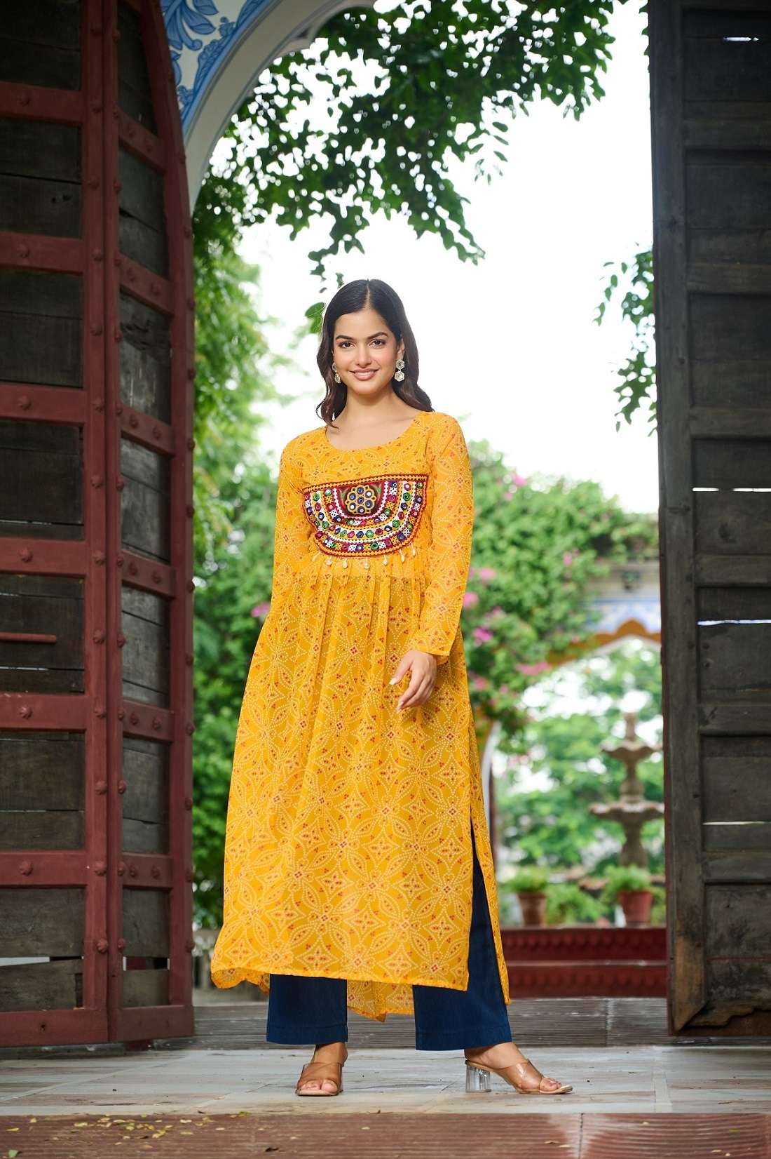 NAVRATRI WEAR READYMADE YELLOW KURTI IN BANDHANI PRINT GEORGETTE FABRIC LW 9266 B
