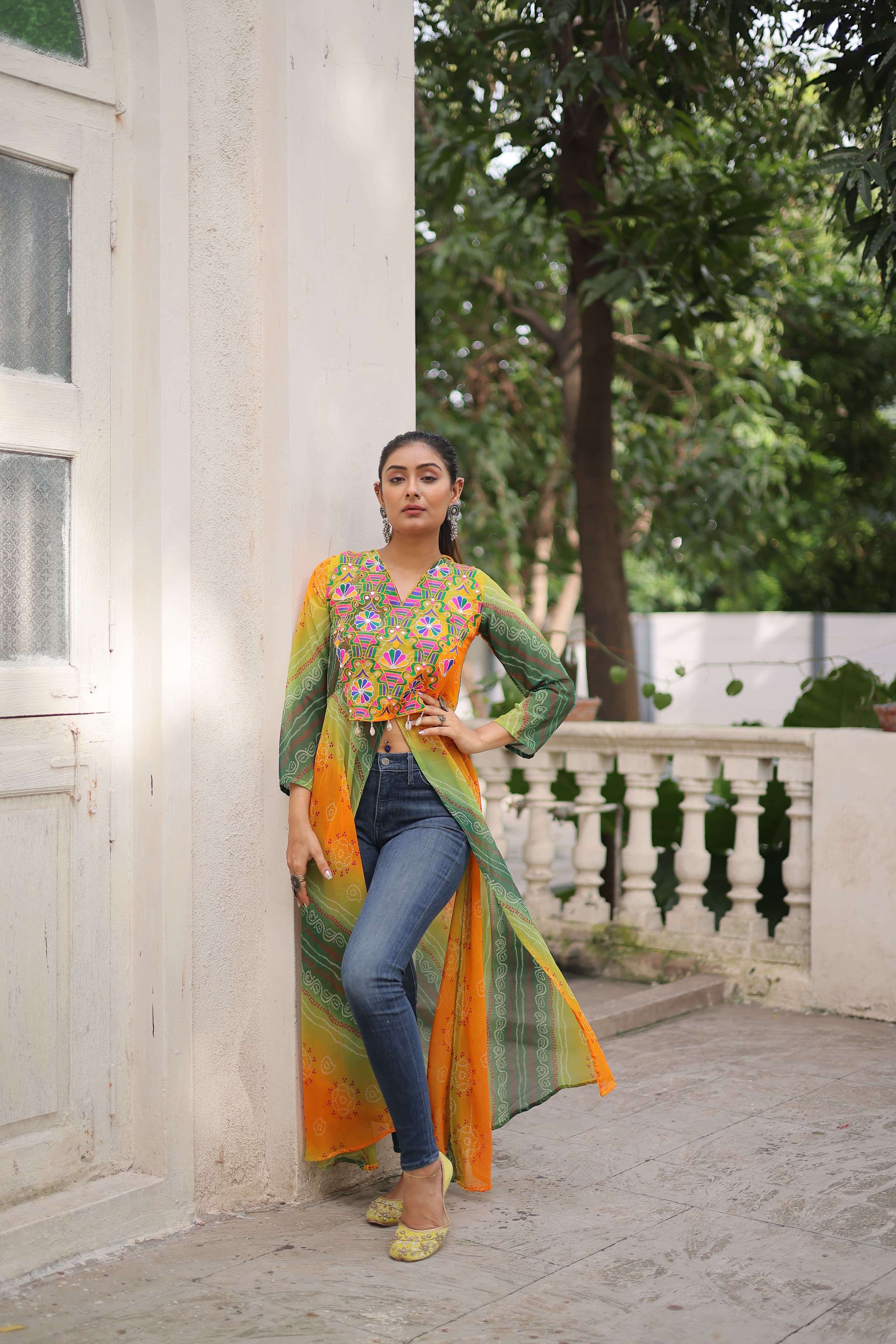 NAVRATRI WEAR READYMADE YELLOW KURTI IN BANDHANI PRINT GEORGETTE FABRIC KU 1197 B