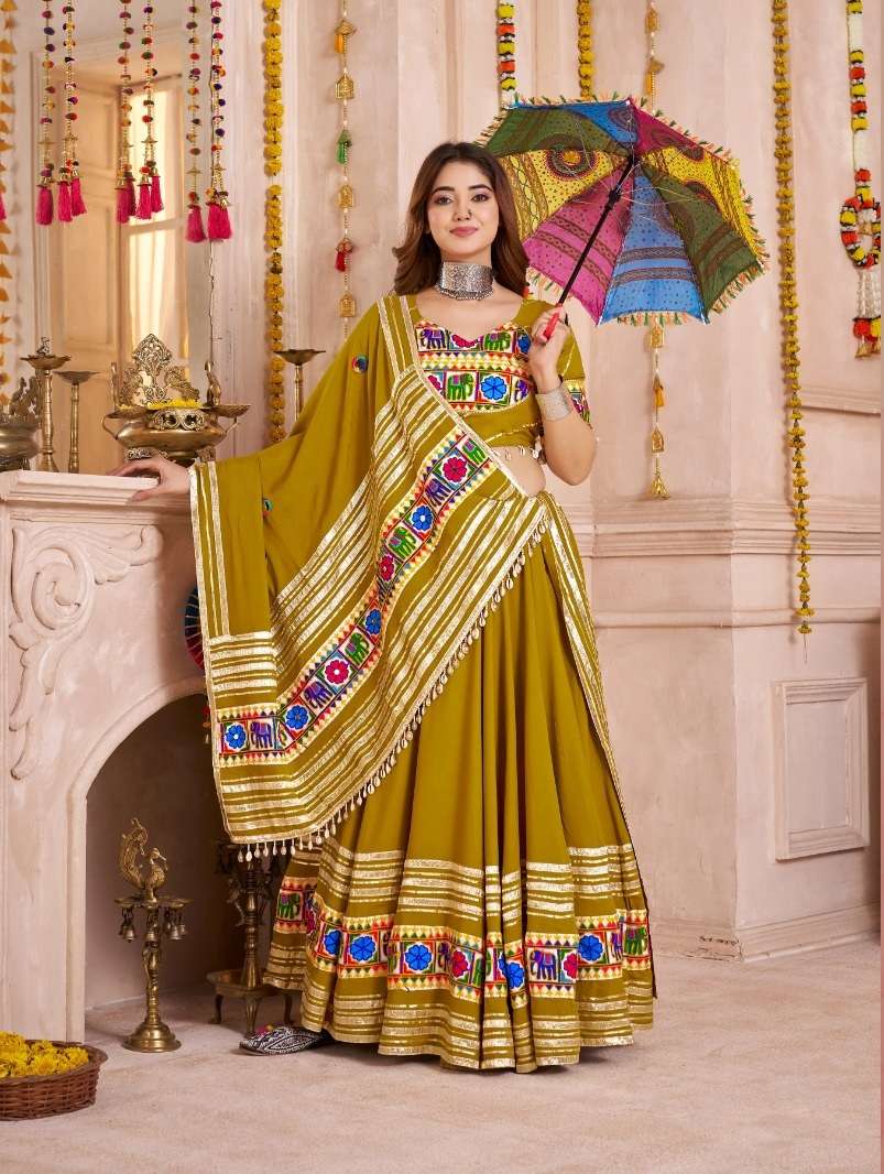 NAVRATRI WEAR VISCOSE COTTON GREEN LEHENGA CHOLI WITH MIRROR WORK KF RAAS 11124