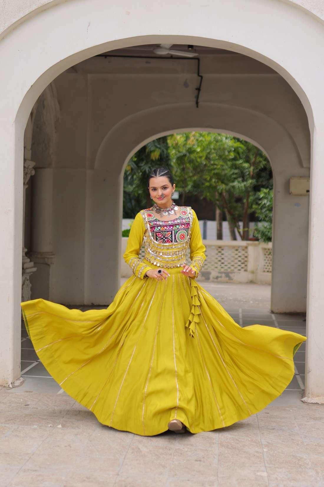 NAVRATRI YELLOW LEHENGA CHOLI GOTA PATTI REAL MIRROR SILK COLLECTION LW 7145 B