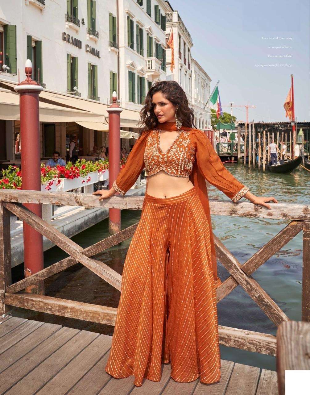 READYMADE PARTY WEAR ORANGE VISCOSE SILK TOP BLOUSE PLAZZO SALWAR SUIT SY NAINA 5863