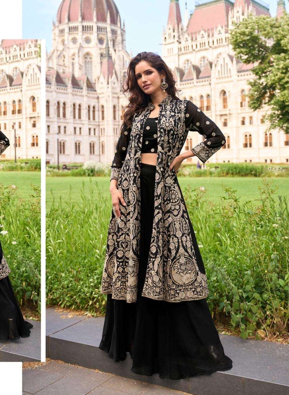READYMADE PARTY WEAR REAL GEORGETTE BLACK KOTI BLOUSE PLAZZO SALWAR SUIT SY ISHA 10003