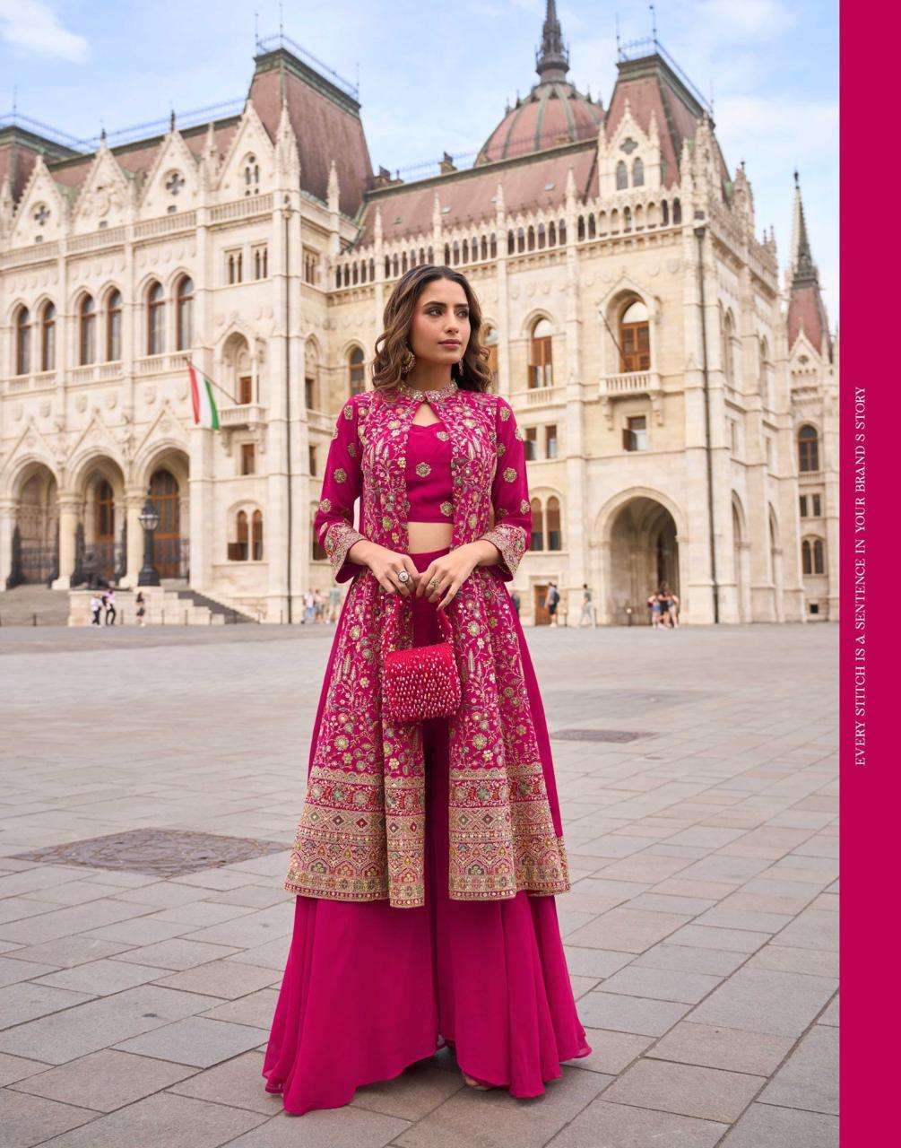 READYMADE PARTY WEAR REAL GEORGETTE RANI PINK KOTI BLOUSE PLAZZO SALWAR SUIT SY ISHA 10001