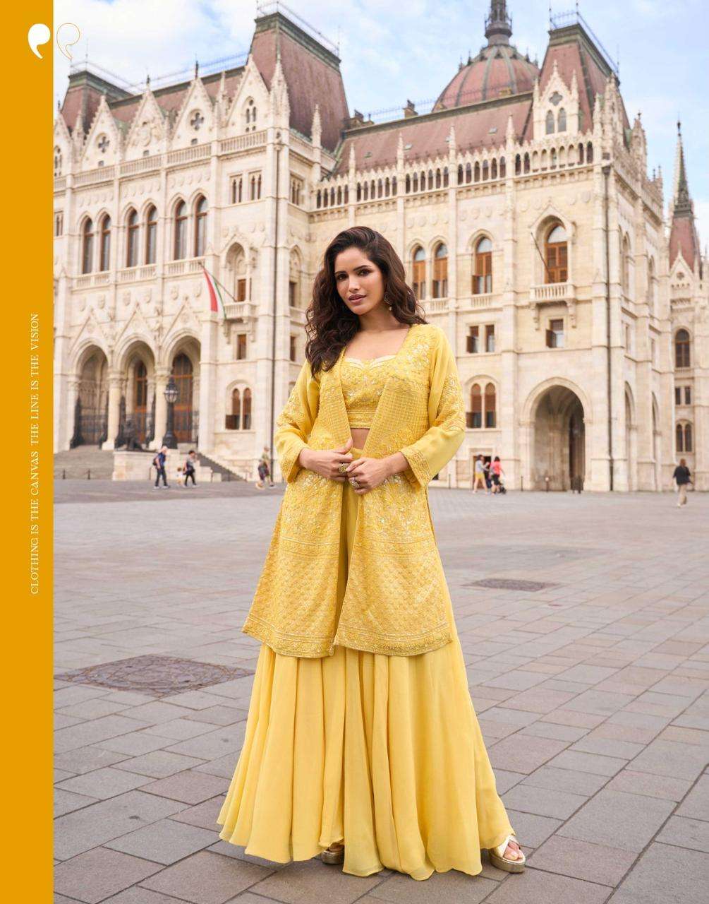 READYMADE PARTY WEAR REAL GEORGETTE YELLOW KOTI BLOUSE PLAZZO SALWAR SUIT SY ISHA 10002