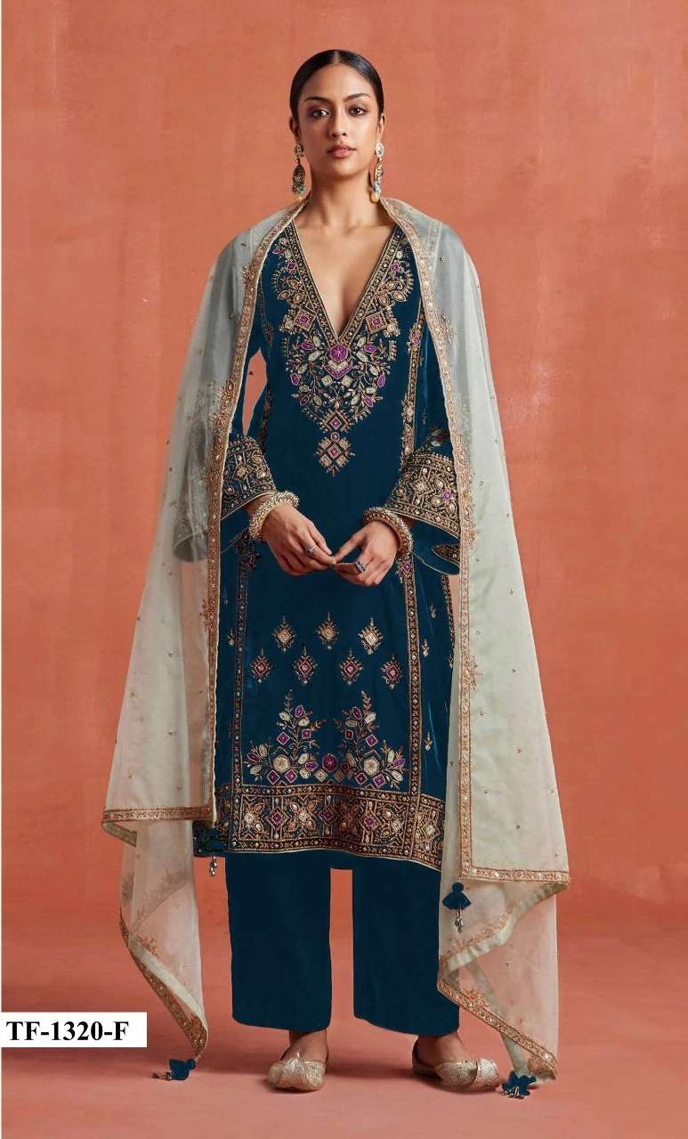 WEDDING PARTYWEAR STRAIGHT RAMA BLUE VELVET SUIT COLLECTION HT 1320 F
