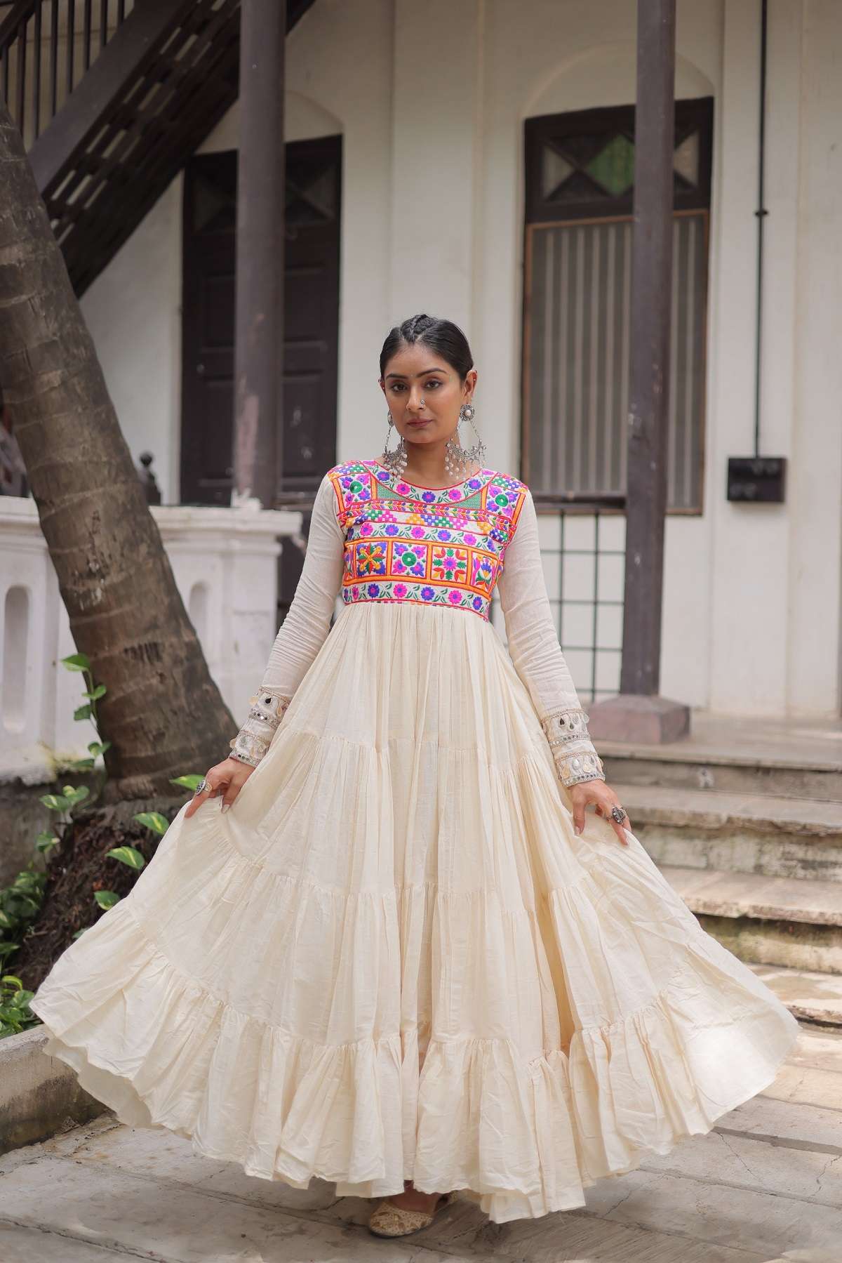 WHITE COTTON LONG KURTI GOWN FOR NAVRATRI SPECIAL COLLECTION KU 1199