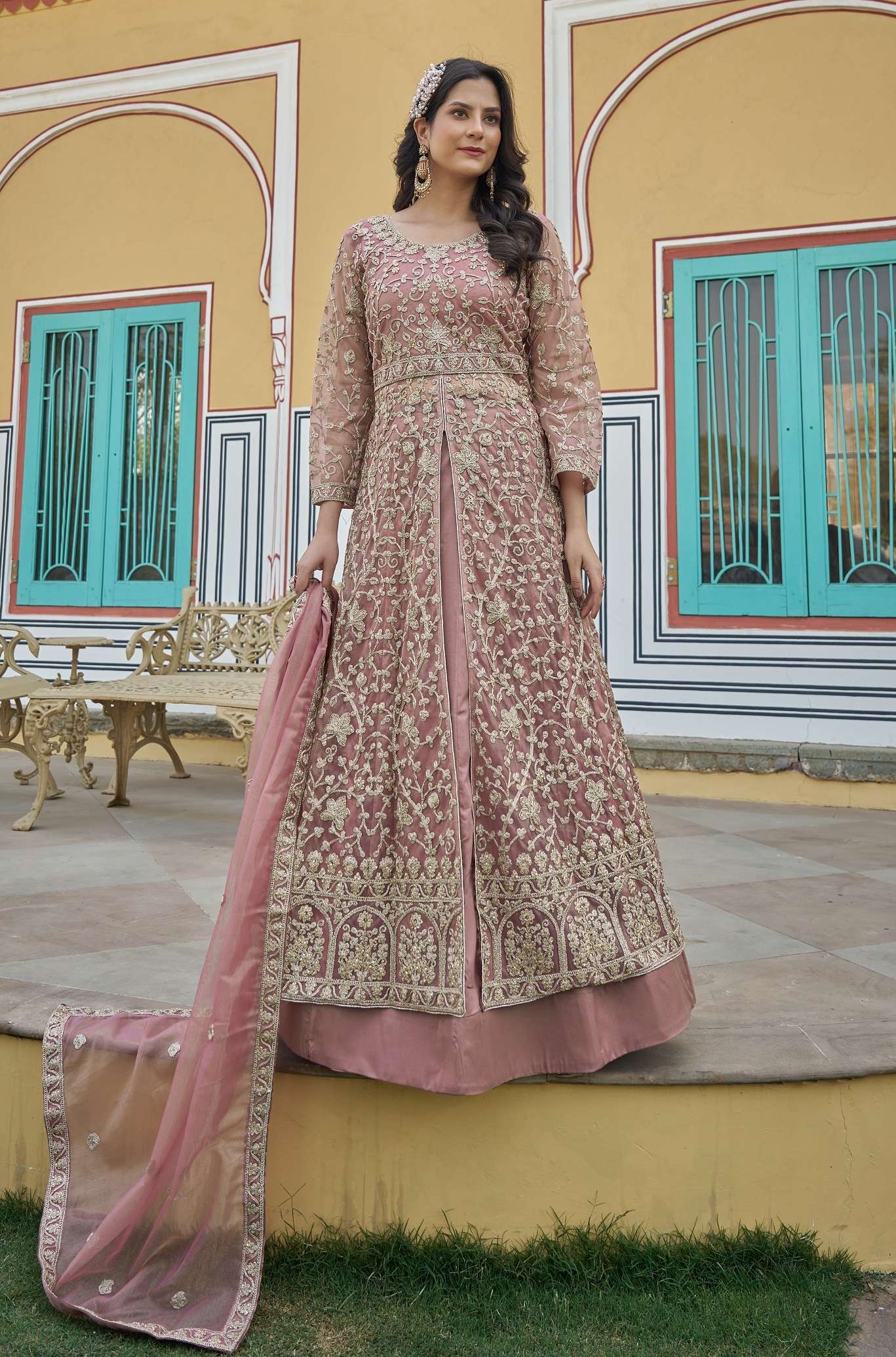 DESIGNER ANARKALI PARTY WEAR NET PEACH ANARKALI SALWAR SUIT LONG GOWN SENHORA BEGUM 3099
