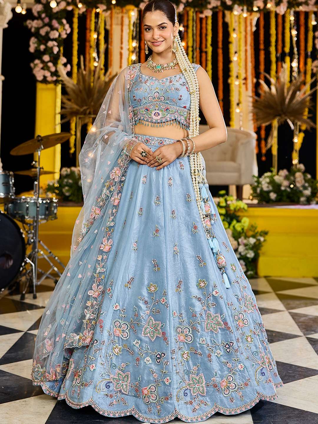 DESIGNER BOLLYWOOD BRIDAL WEDDING PARTY WEAR HEAVY SKY BLUE SATIN SILK LEHENGA CHOLI SENHORA DRESSES NT 6156 A