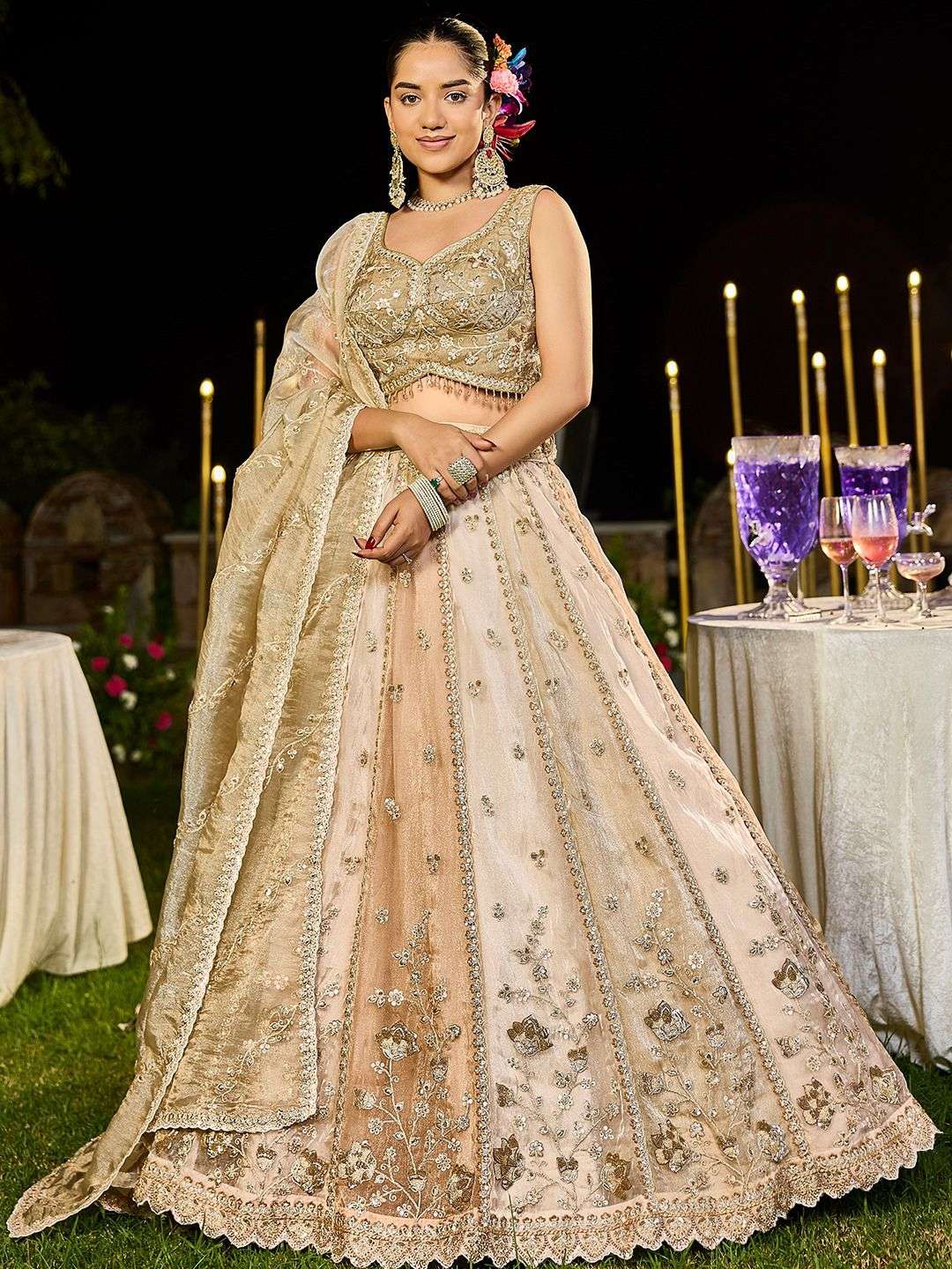 DESIGNER BOLLYWOOD BRIDAL WEDDING PARTY WEAR HEAVY SATIN SILK CHIKU LEHENGA CHOLI SENHORA DRESSES NT 6173