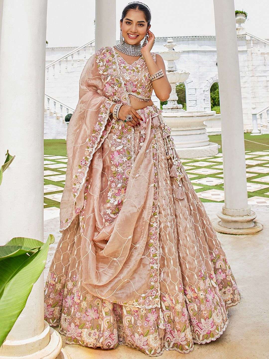 DESIGNER BOLLYWOOD BRIDAL WEDDING PARTY WEAR HEAVY SATIN SILK PEACH LEHENGA CHOLI SENHORA DRESSES NT 6175 B