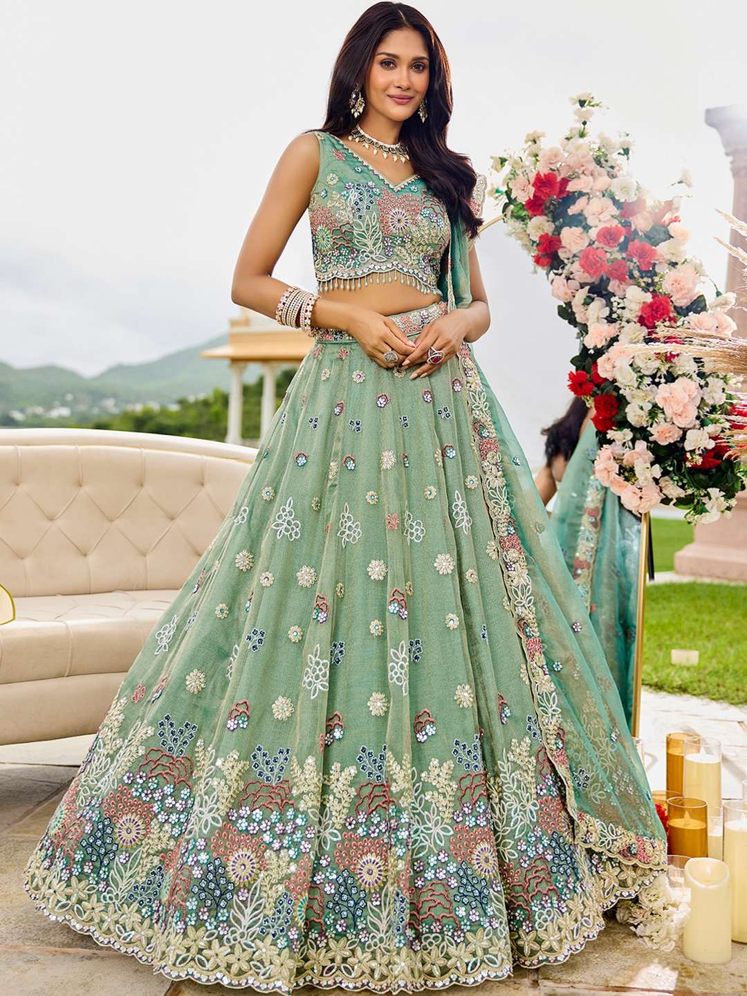DESIGNER BOLLYWOOD BRIDAL WEDDING PARTY WEAR HEAVY READYMADE GREEN SATIN SILK LEHENGA CHOLI SENHORA DRESSES NT 6176 A