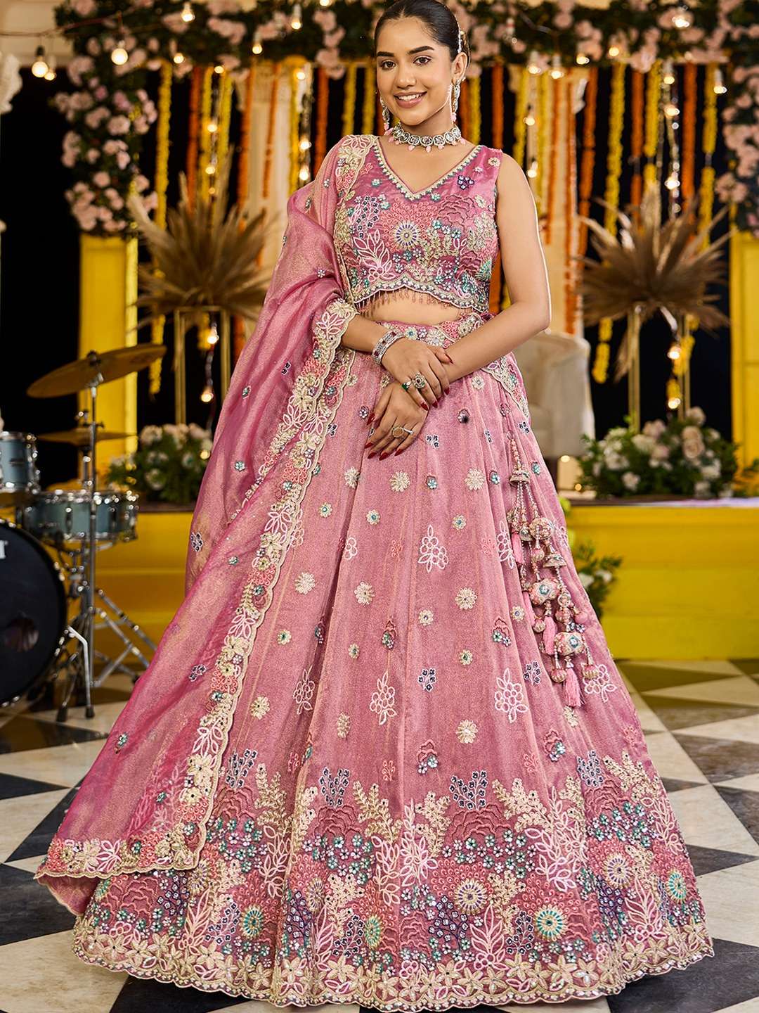 DESIGNER BOLLYWOOD BRIDAL WEDDING PARTY WEAR HEAVY READYMADE PINK SATIN SILK LEHENGA CHOLI SENHORA DRESSES NT 6176B