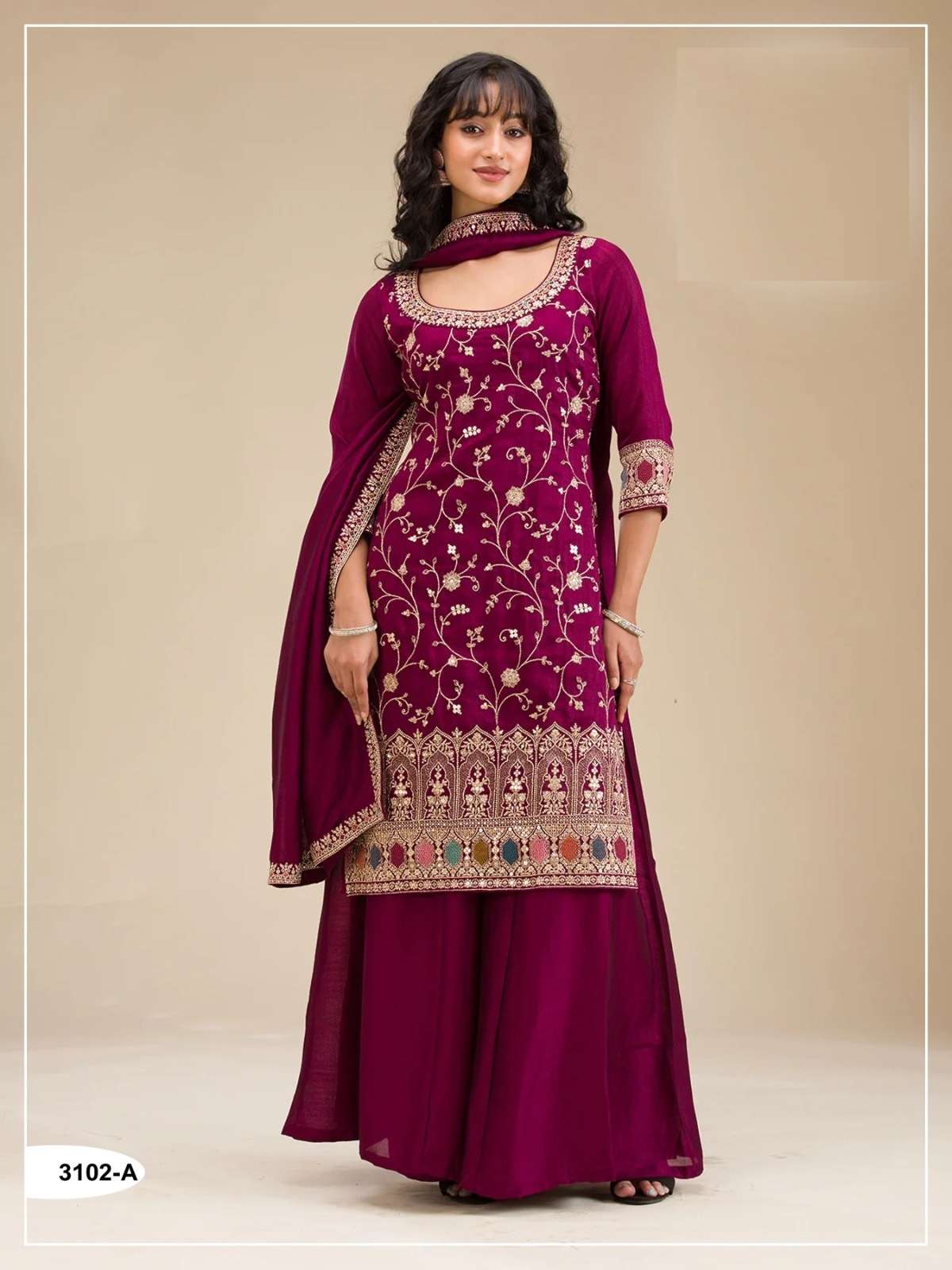 DESIGNER FANCY PARTY WEAR VICHITRA SILK RANI PINK SHARARA SALWAR SUIT PALAZZO JG 3102 A