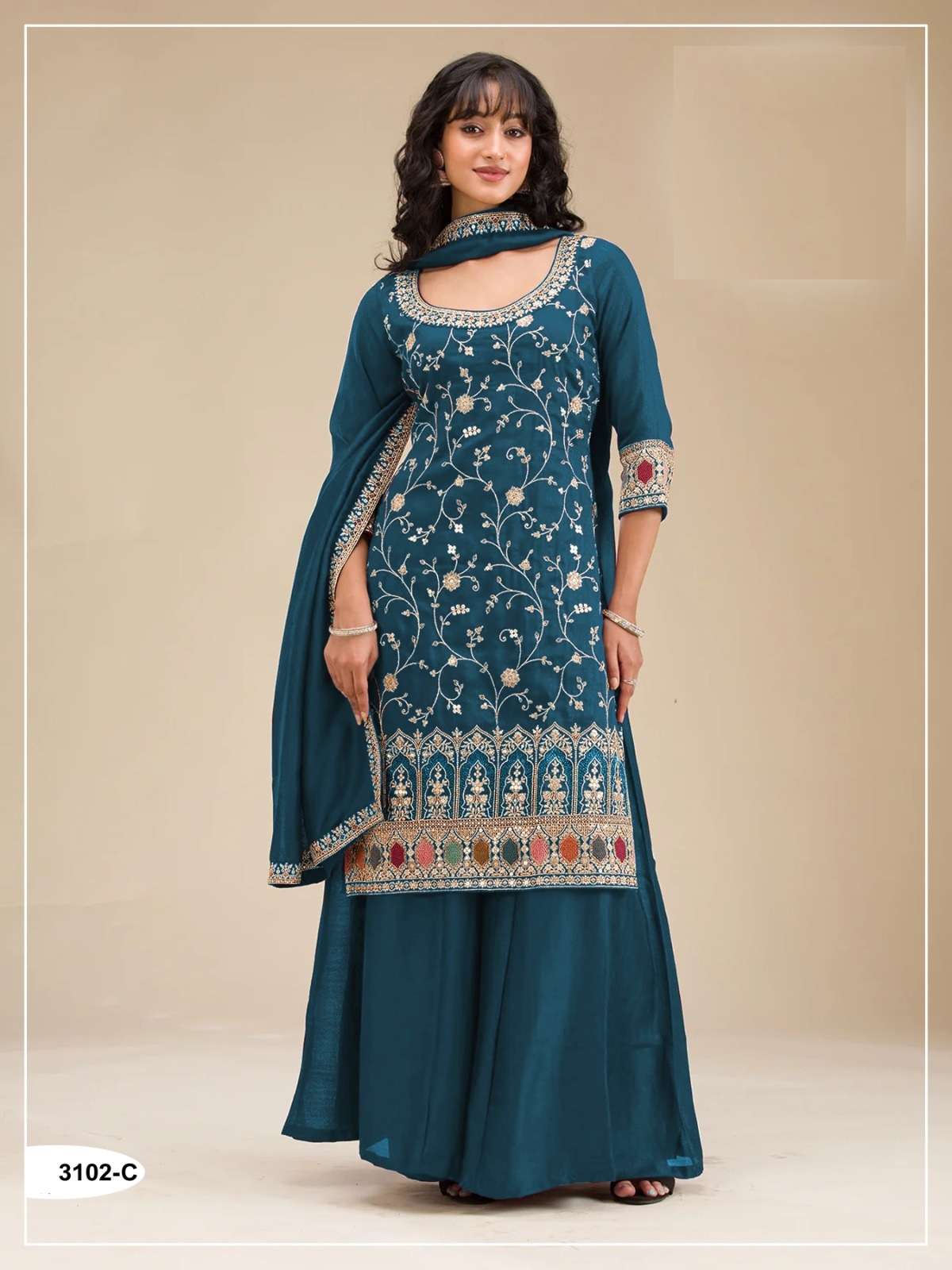 DESIGNER FANCY PARTY WEAR VICHITRA SILK TEAL BLUE SHARARA SALWAR SUIT PALAZZO JG 3102 C