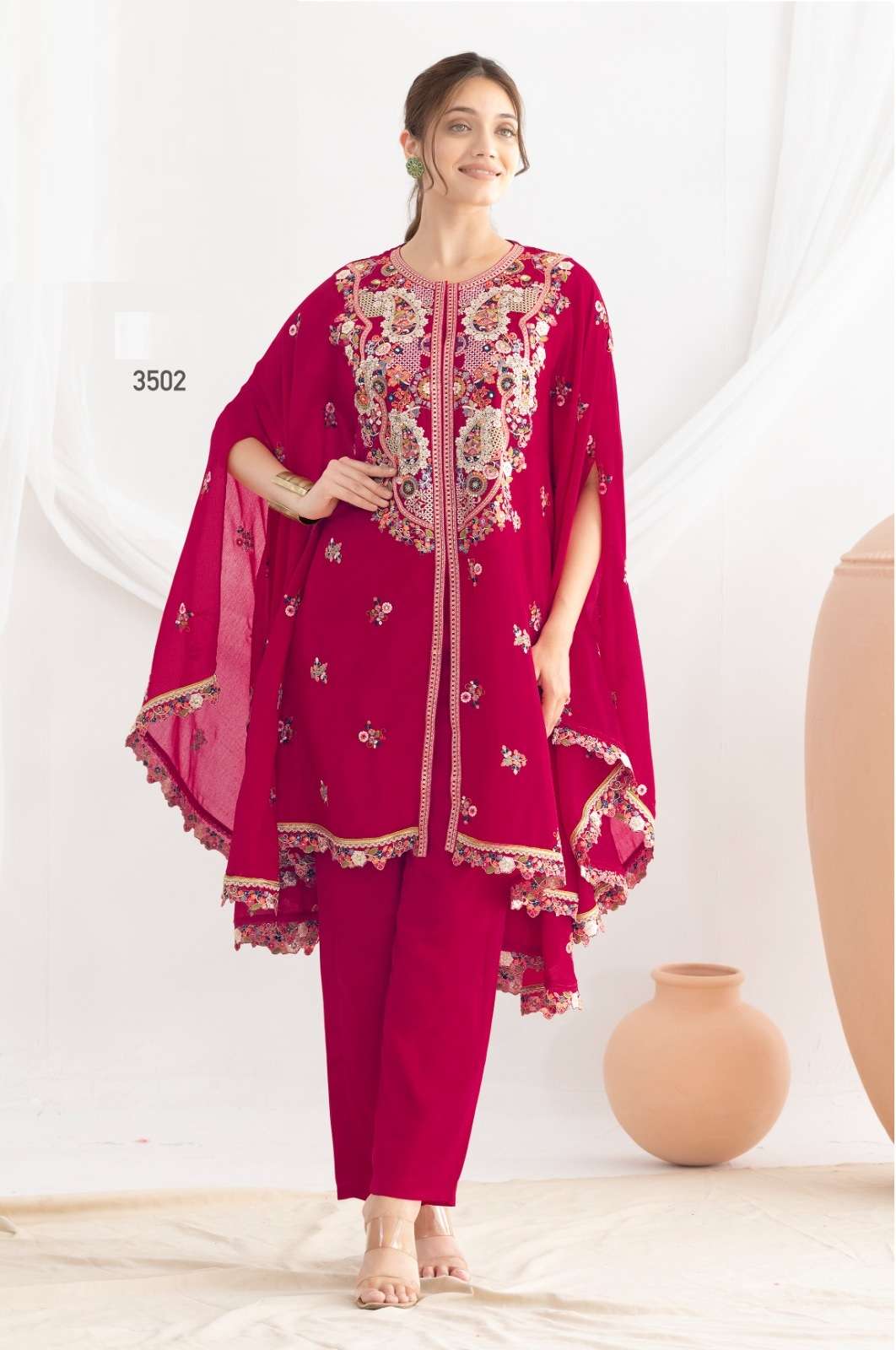 DESIGNER FANCY RED KAFTAN STYLE CHINON SALWAR SUIT COOLECTION DST PAARO 3503