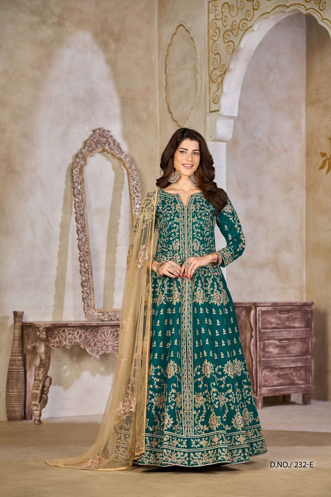 DESIGNER FANCY WEDDING PARTY WEAR ART SILK GREEN LONG GOWN ANARKALI SALWAR SUIT ANY 232 E