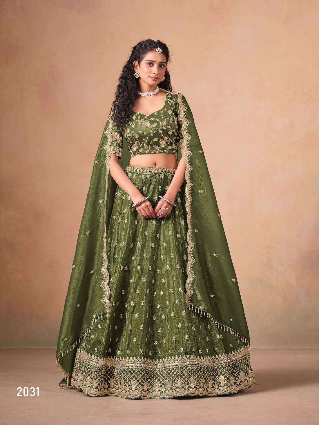 DESIGNER FANCY WEDDING PARTY WEAR CRUSH ORGANZA GREEN LEHENGA CHOLI ANY MEHVISH 2031