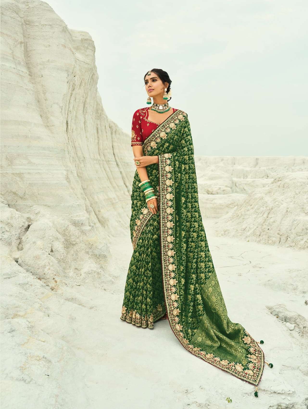 DESIGNER FANCY WEDDING PARTY WEAR HEAVY GREEN GEORGETTE SILK SAREE COLLECTION SM MN 8005