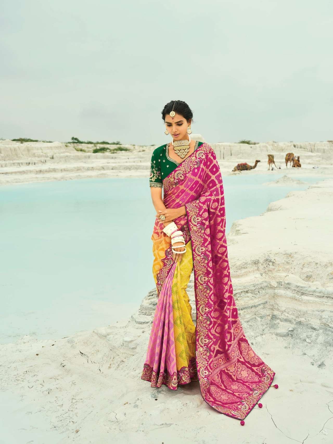 DESIGNER FANCY WEDDING PARTY WEAR HEAVY RANI YELLOW GEORGETTE SILK SAREE COLLECTION SM MN 8011