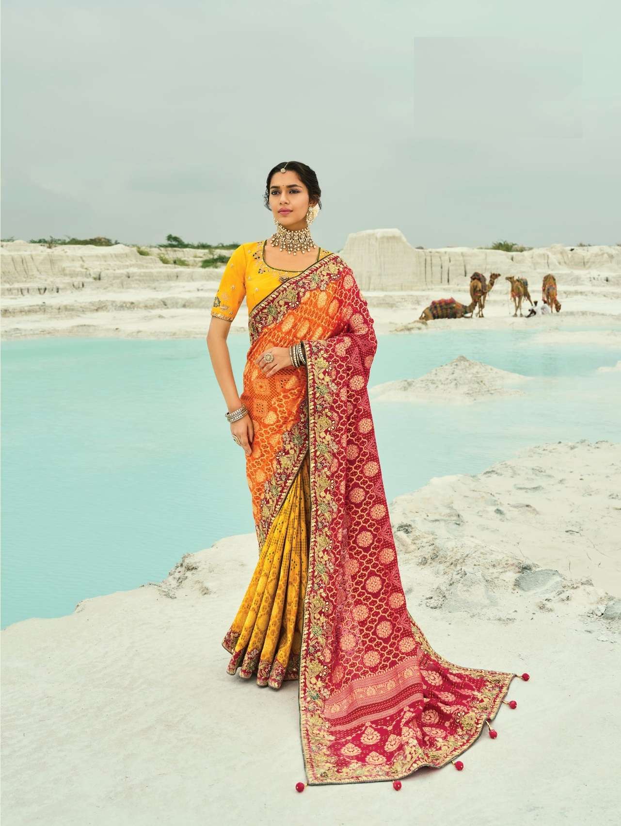 DESIGNER FANCY WEDDING PARTY WEAR HEAVY RED MUSTURD GEORGETTE SILK SAREE COLLECTION SM MN 8008
