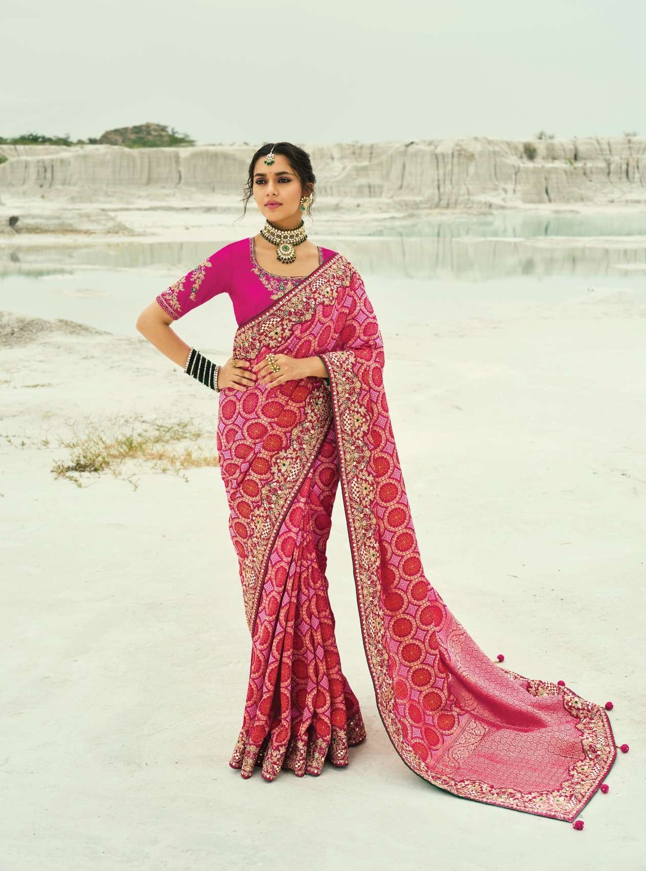 DESIGNER FANCY WEDDING PARTY WEAR HEAVY RED RANI GEORGETTE SILK SAREE COLLECTION SM MN 8004