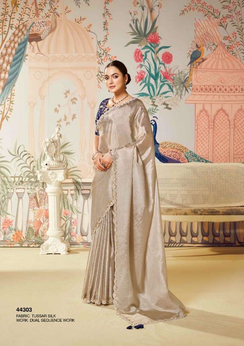DESIGNER FANCY WEDDING PARTY WEAR INDIAN SATIN ORGANZA SILK BEIGE SAREE COLLECTION DST NORITA 44303