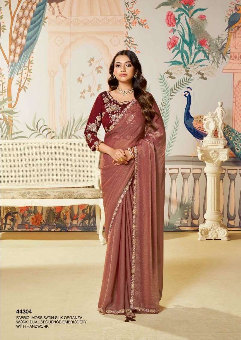 DESIGNER FANCY WEDDING PARTY WEAR INDIAN SATIN ORGANZA SILK BROWN SAREE COLLECTION DST NORITA 44304