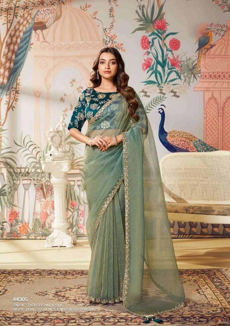 DESIGNER FANCY WEDDING PARTY WEAR INDIAN SATIN ORGANZA SILK GREEN SAREE COLLECTION DST NORITA 44305
