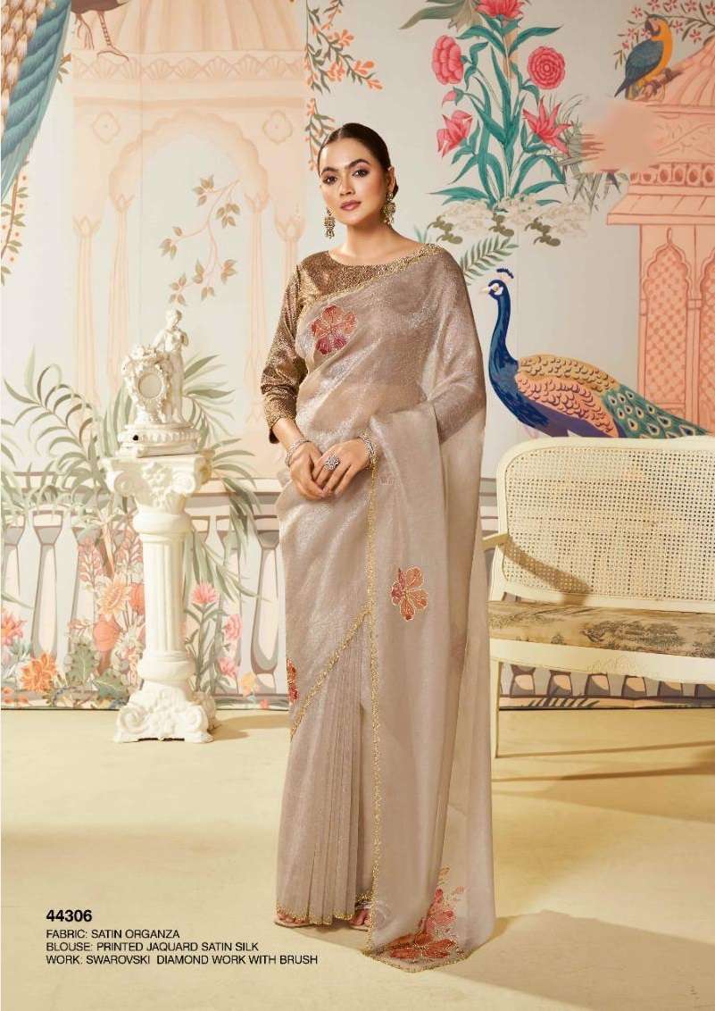 DESIGNER FANCY WEDDING PARTY WEAR INDIAN SATIN ORGANZA SILK CHIKU SAREE COLLECTION DST NORITA 44306