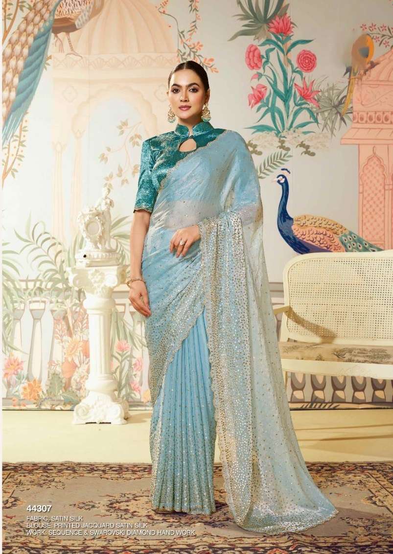 DESIGNER FANCY WEDDING PARTY WEAR INDIAN SATIN ORGANZA SILK SKY BLUE SAREE COLLECTION DST NORITA 44307