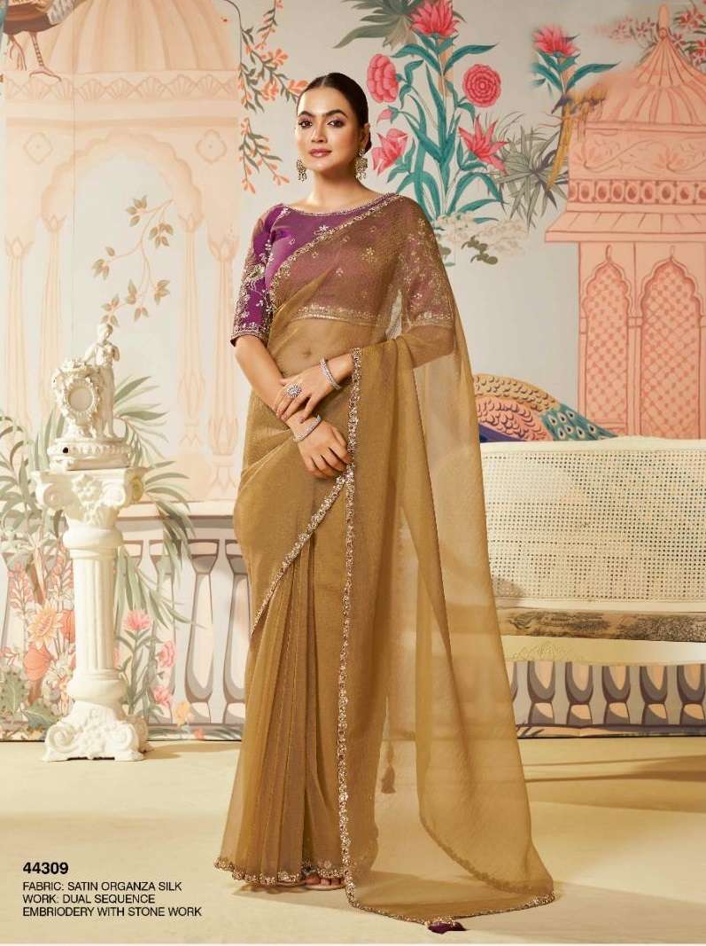 DESIGNER FANCY WEDDING PARTY WEAR INDIAN SATIN ORGANZA SILK YELLOW SAREE COLLECTION DST NORITA 44309