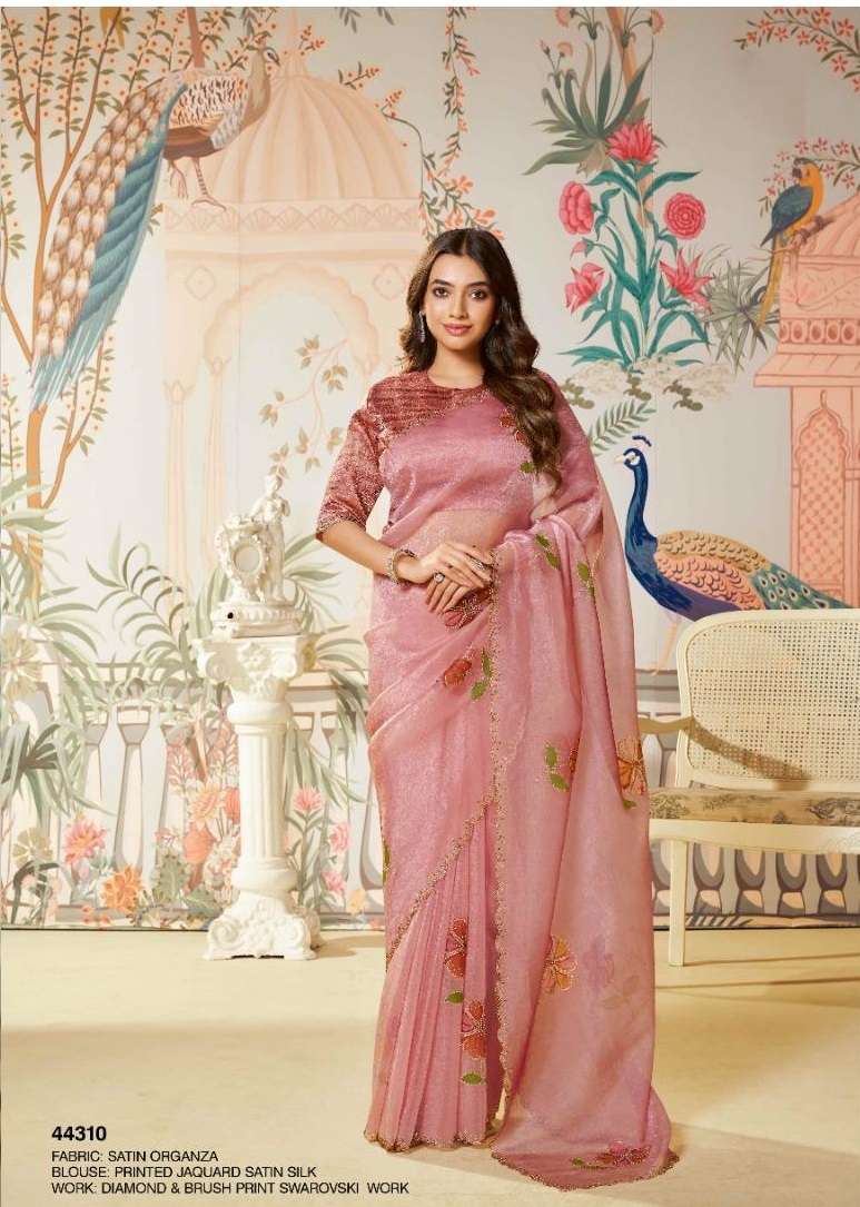 DESIGNER FANCY WEDDING PARTY WEAR INDIAN SATIN ORGANZA SILK PINK SAREE COLLECTION DST NORITA 44310