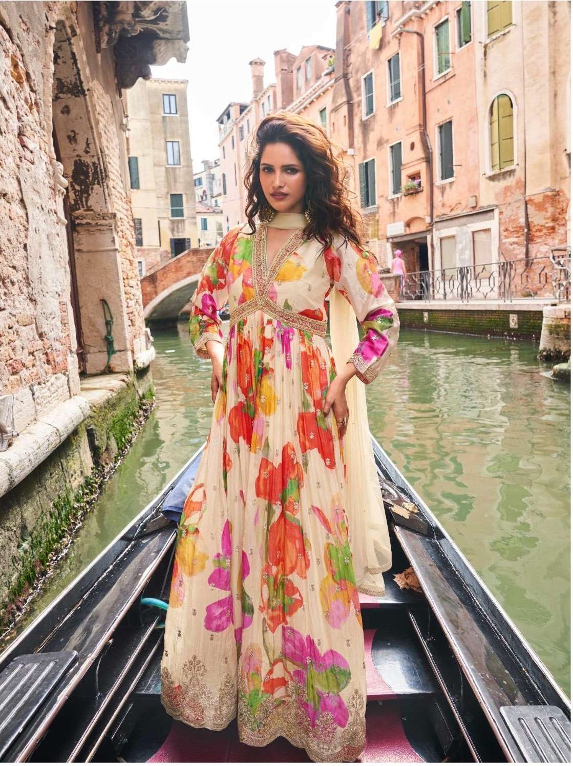 DESIGNER FANCY WEDDING PARTY WEAR REAL CHINON BEIGE PRINTED ANARKALI SALWAR SUIT GOWN SY GEET 10074