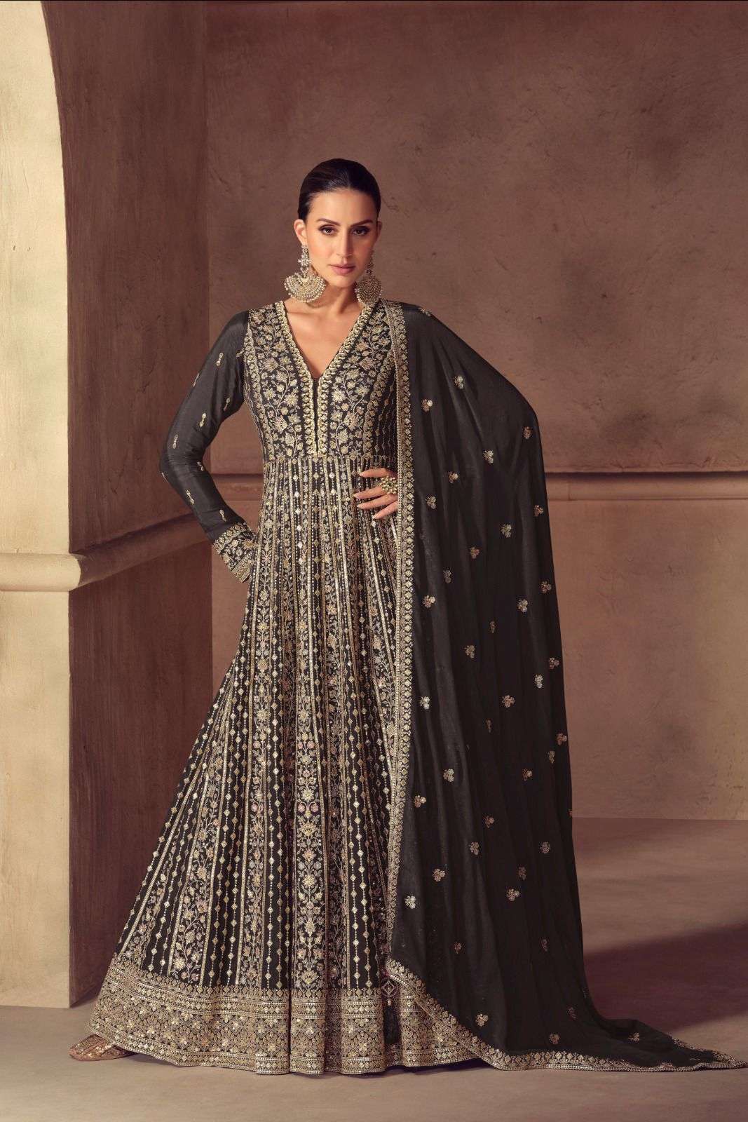 DESIGNER FANCY WEDDING PARTY WEAR REAL CHINON BLACK LONG ANARKALI SALWAR SUIT GOWN AF HAZAEL 7604 A