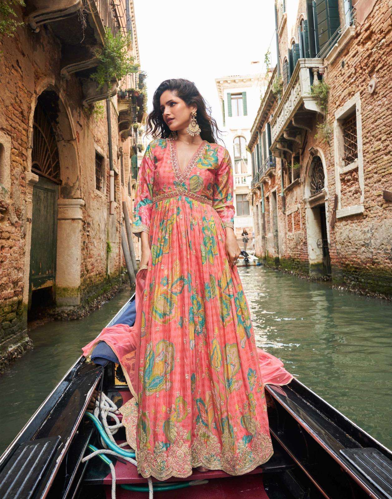 DESIGNER FANCY WEDDING PARTY WEAR REAL CHINON GAJARI PINK PRINTED ANARKALI SALWAR SUIT GOWN SY GEET 10076