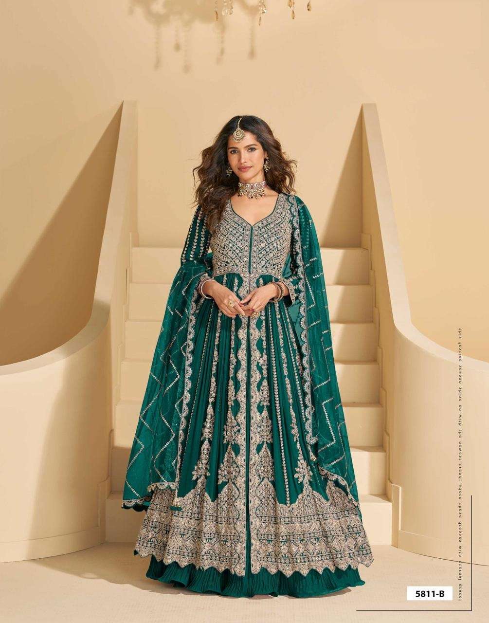 DESIGNER FANCY WEDDING PARTY WEAR REAL CHINON GREEN ANARKALI SALWAR SUIT GOWN SY MIRZA 5811 B
