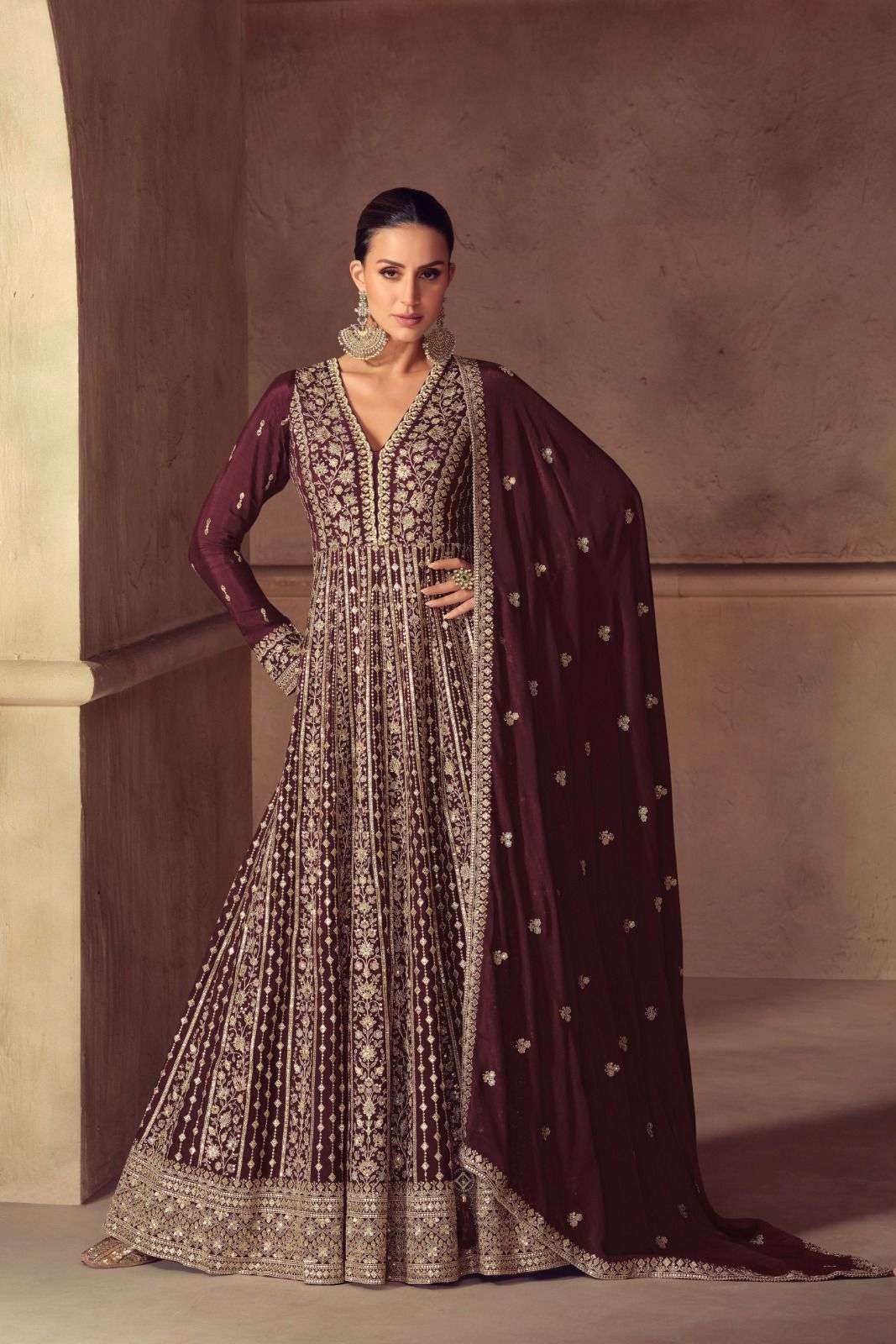 DESIGNER FANCY WEDDING PARTY WEAR REAL CHINON MAROON LONG ANARKALI SALWAR SUIT GOWN AF HAZAEL 7604 C