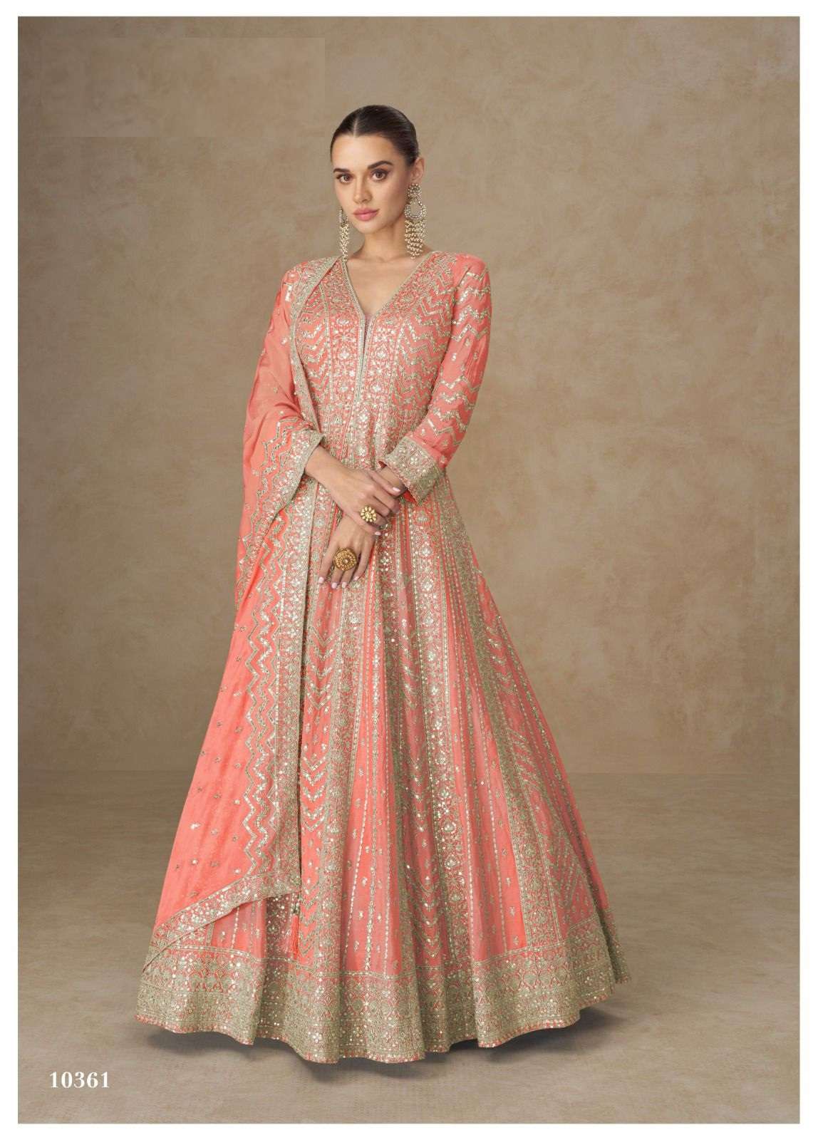 DESIGNER FANCY WEDDING PARTY WEAR REAL CHINON ORANGE LONG ANARKALI SALWAR SUIT GOWN AF ANARKALI 10361