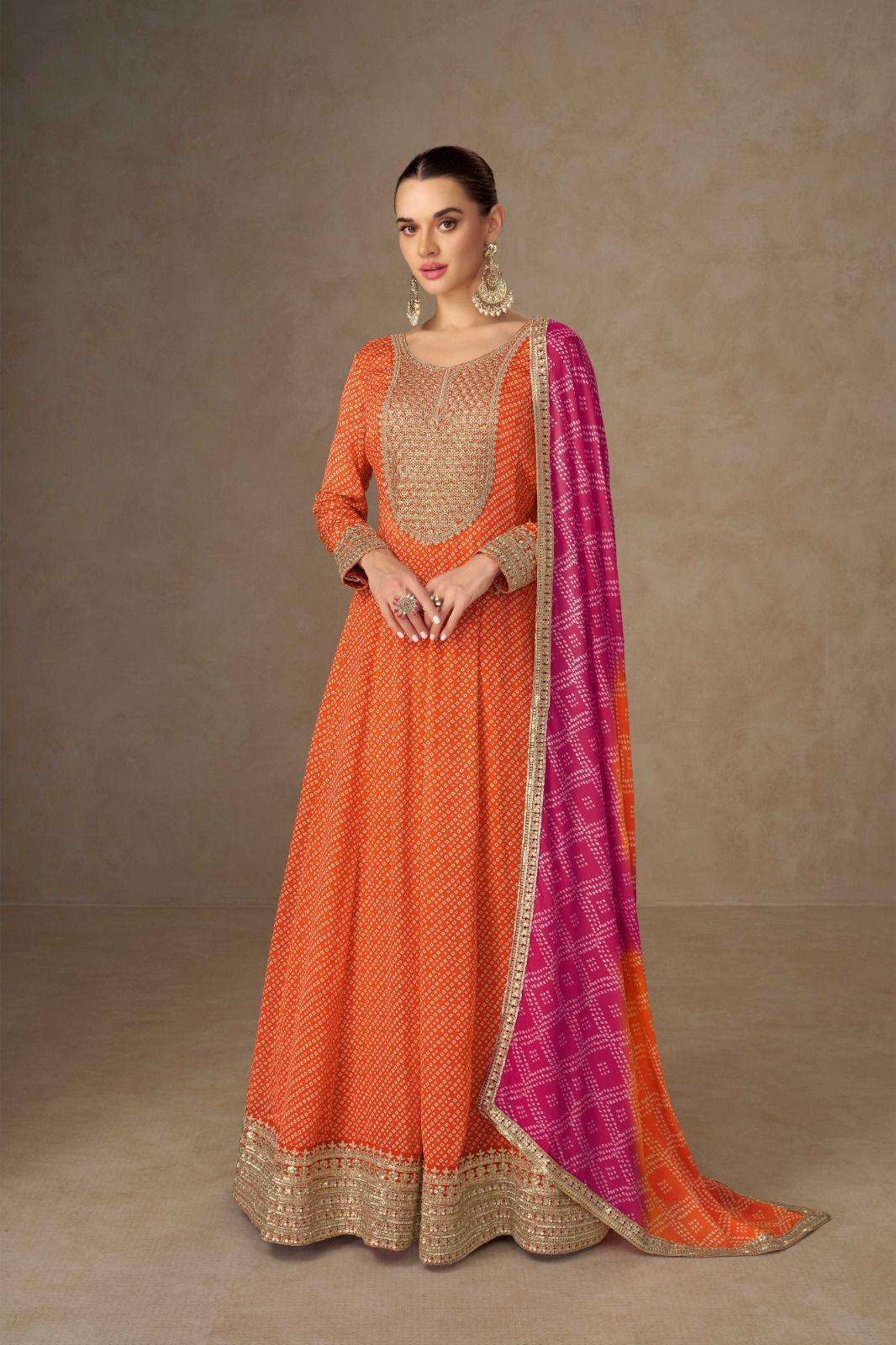 DESIGNER FANCY WEDDING PARTY WEAR REAL CHINON ORANGE ANARKALI SALWAR SUIT GOWN GL SAIYARAA 7507 A