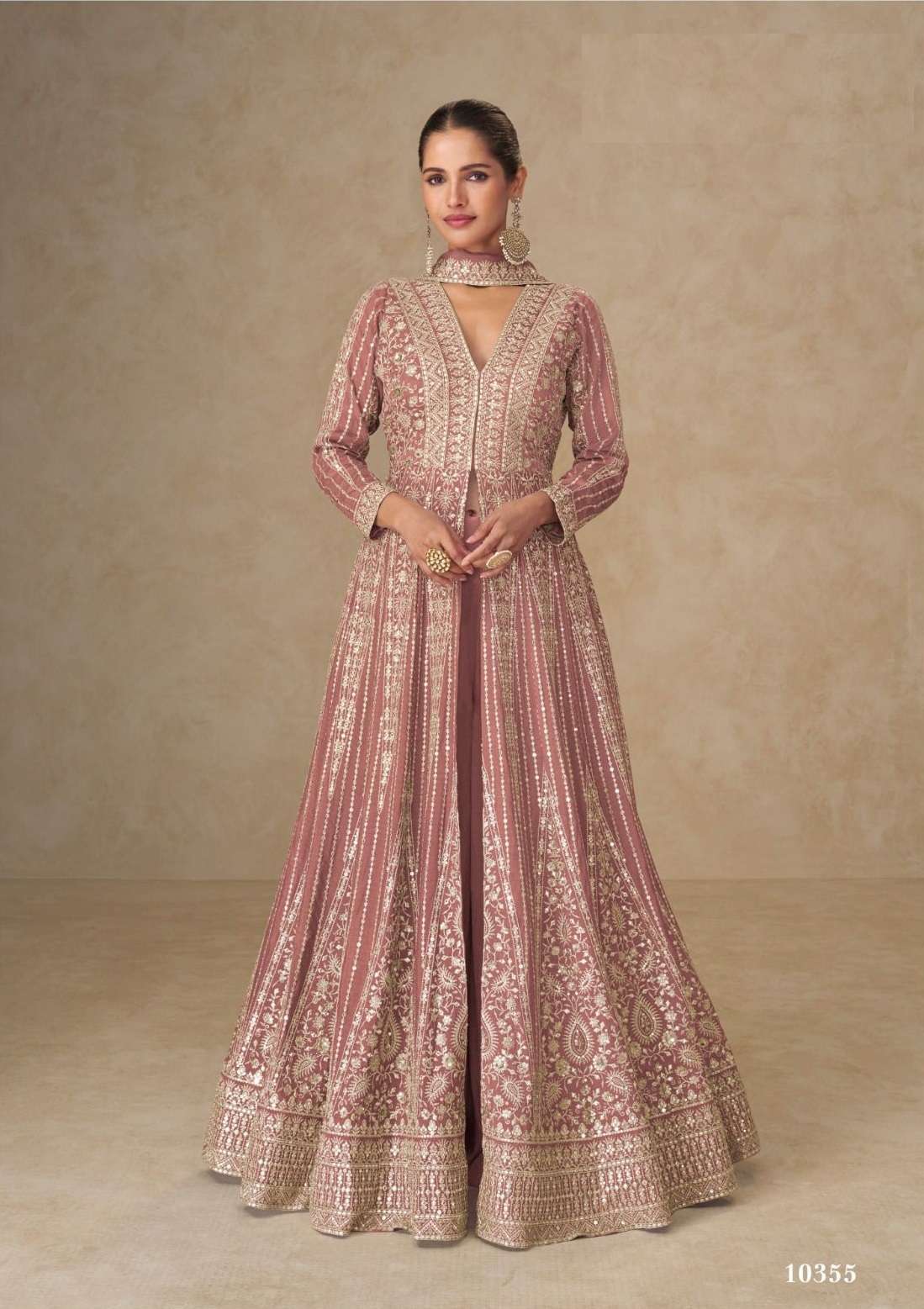 DESIGNER FANCY WEDDING PARTY WEAR REAL CHINON PINK ANARKALI SALWAR SUIT GOWN AF 10355